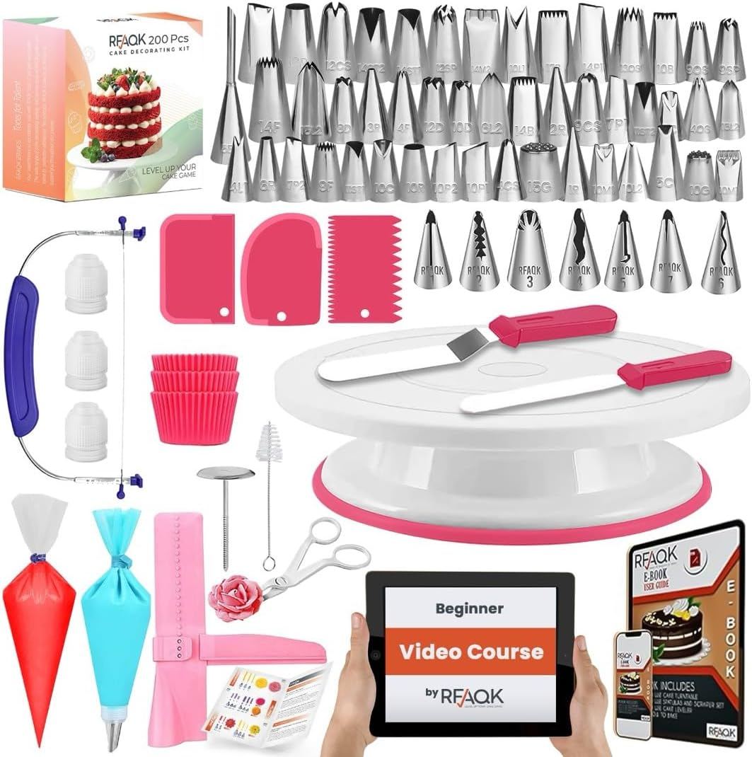 RFAQK 200 Pcs Cake Decorating Supplies Kit for Beginners -1 Cake Turntable Stand with Piping Bags & Tips -2 Spatula -Cake Leveler & Icing Smoother-55 Piping Tips -Baking Tools - 20 Cupcake Liners image number 3