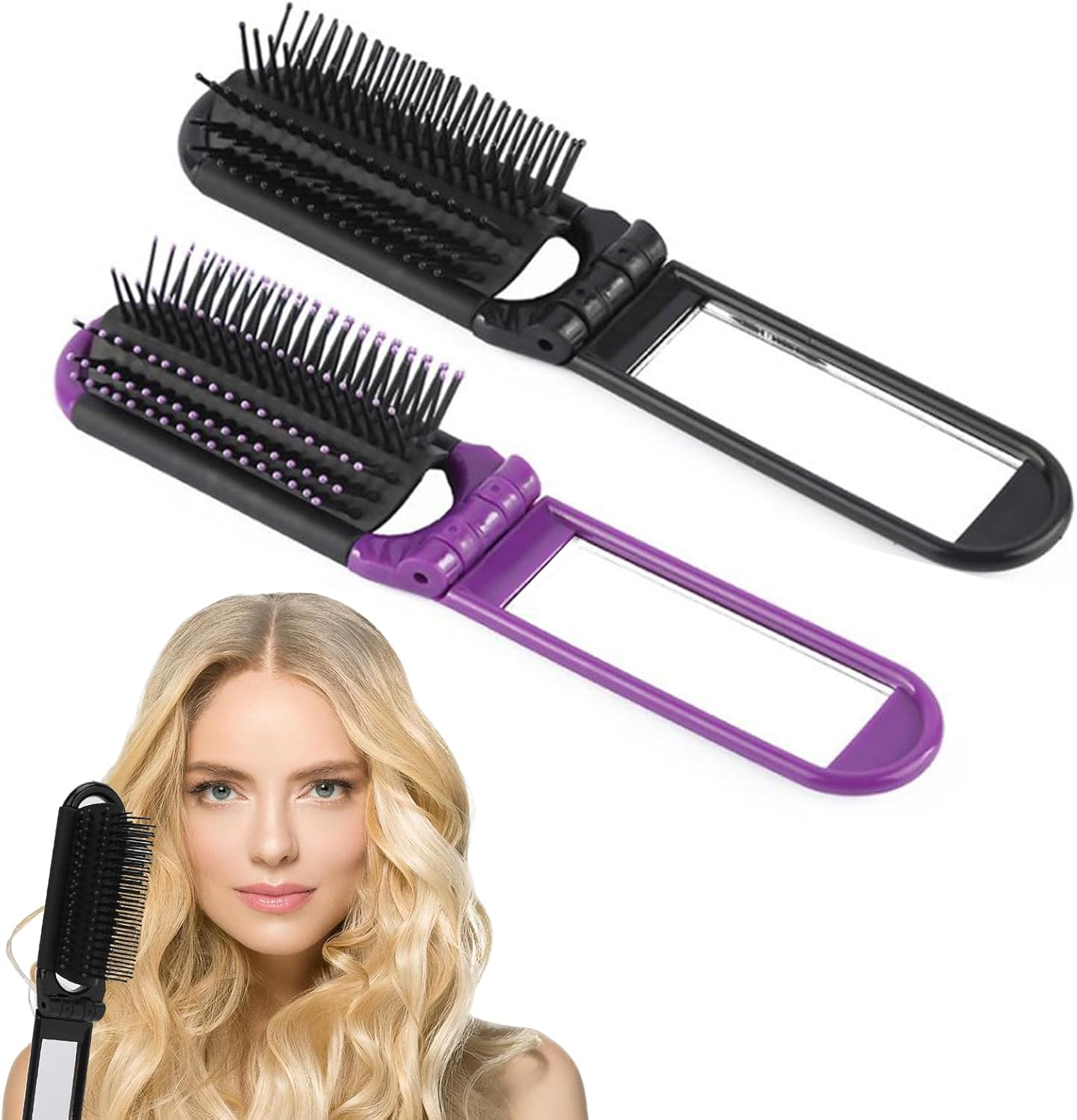 Jrusmr Folding Travel Hair Brush with Mirror 2-Pack Compact Styling Tool (Black & Purple) Massage Comb for Men & Women Portable Hairbrush for Purse and Travel image number 6