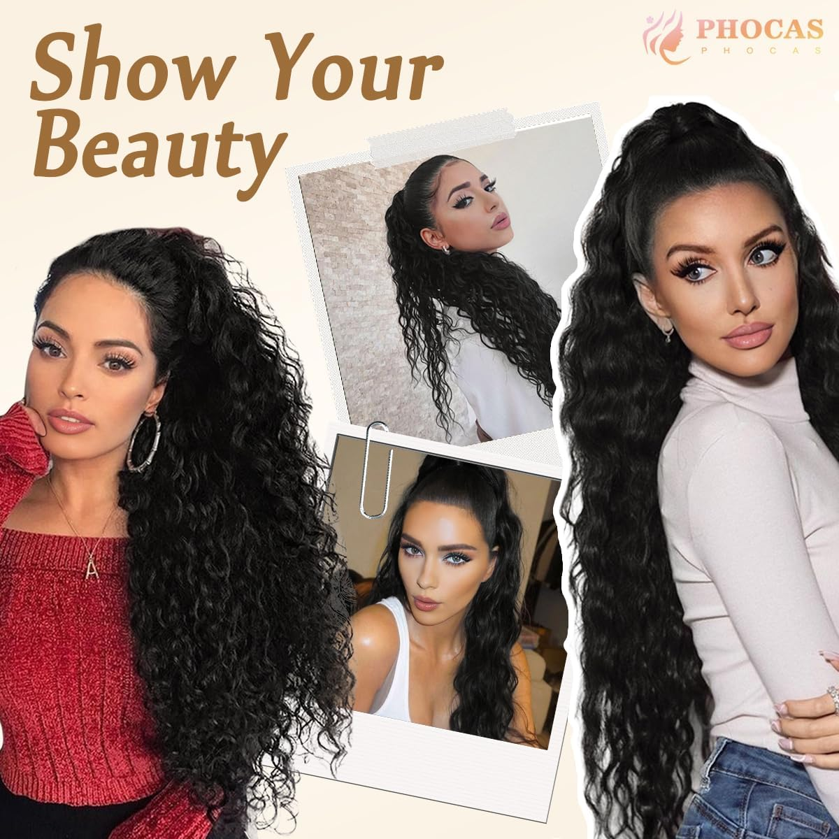 PHOCAS Drawstring Ponytail Extension,Long Wavy Ponytail Extension Black Synthetic Hairpiece Long Hair Extension for Women Daily Use (24Inch) image number 2