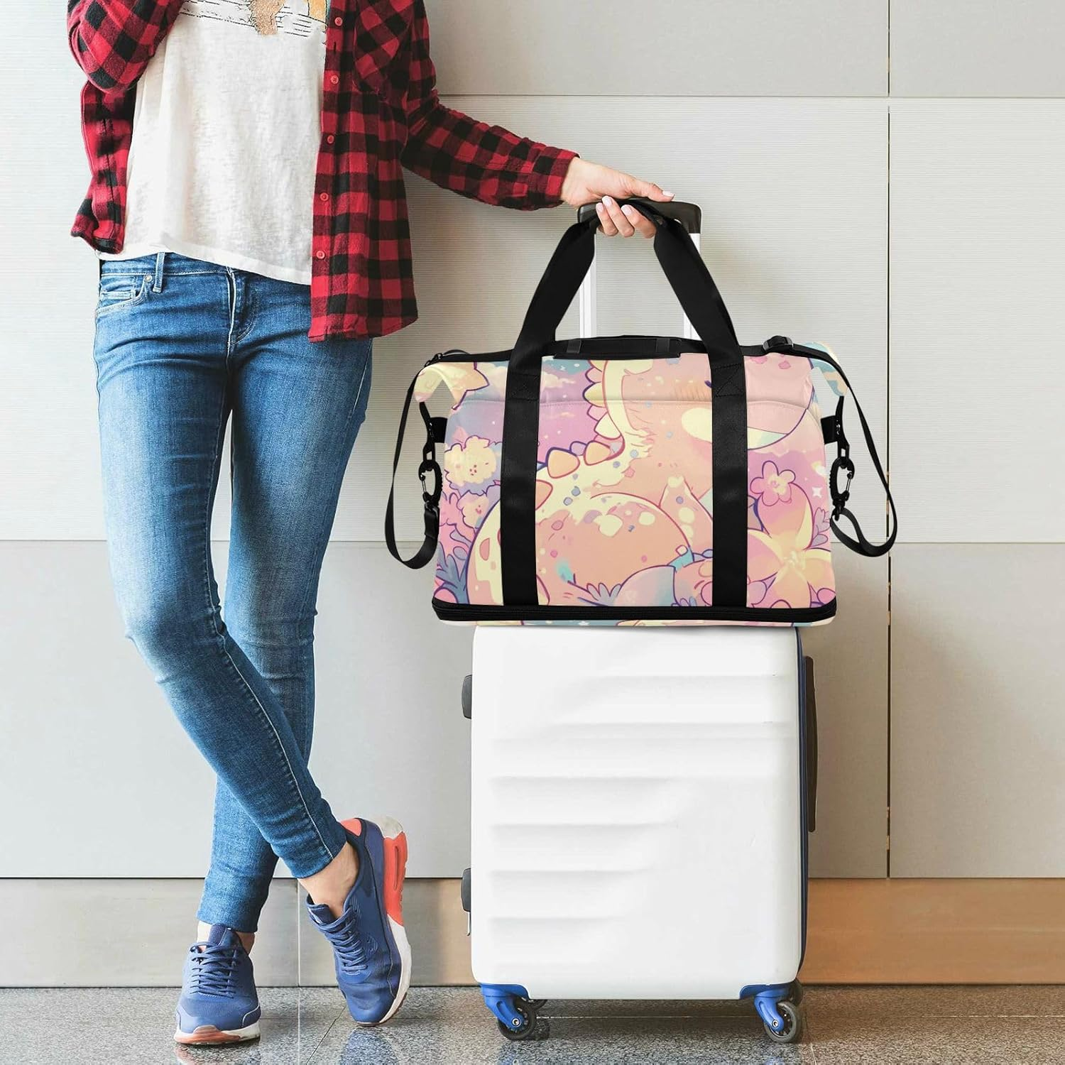 Cartoon Baby Dinosaur Childlike Doodle Style Pastel Colors Large Bag Travel Weekender Gear Bag with Adjustable Strap for Business Trips 2 Pcs Set, Cartoon Baby Dinosaur Childlike Doodle Style Pastel image number 5