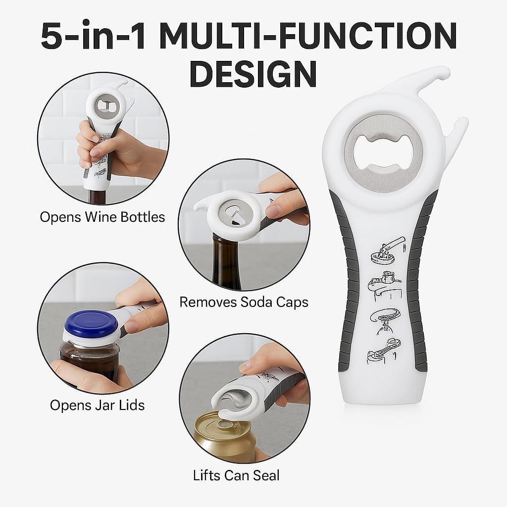 Leona Co 5-In-1 Wine Bottle Opener, Stainless Steel Multi-Functional Opener for Wine, Beer, Jars & Cans with Non-Slip Ergonomic Handle, Ultimate Barware Tool for Kitchen & Travel (3) image number 1