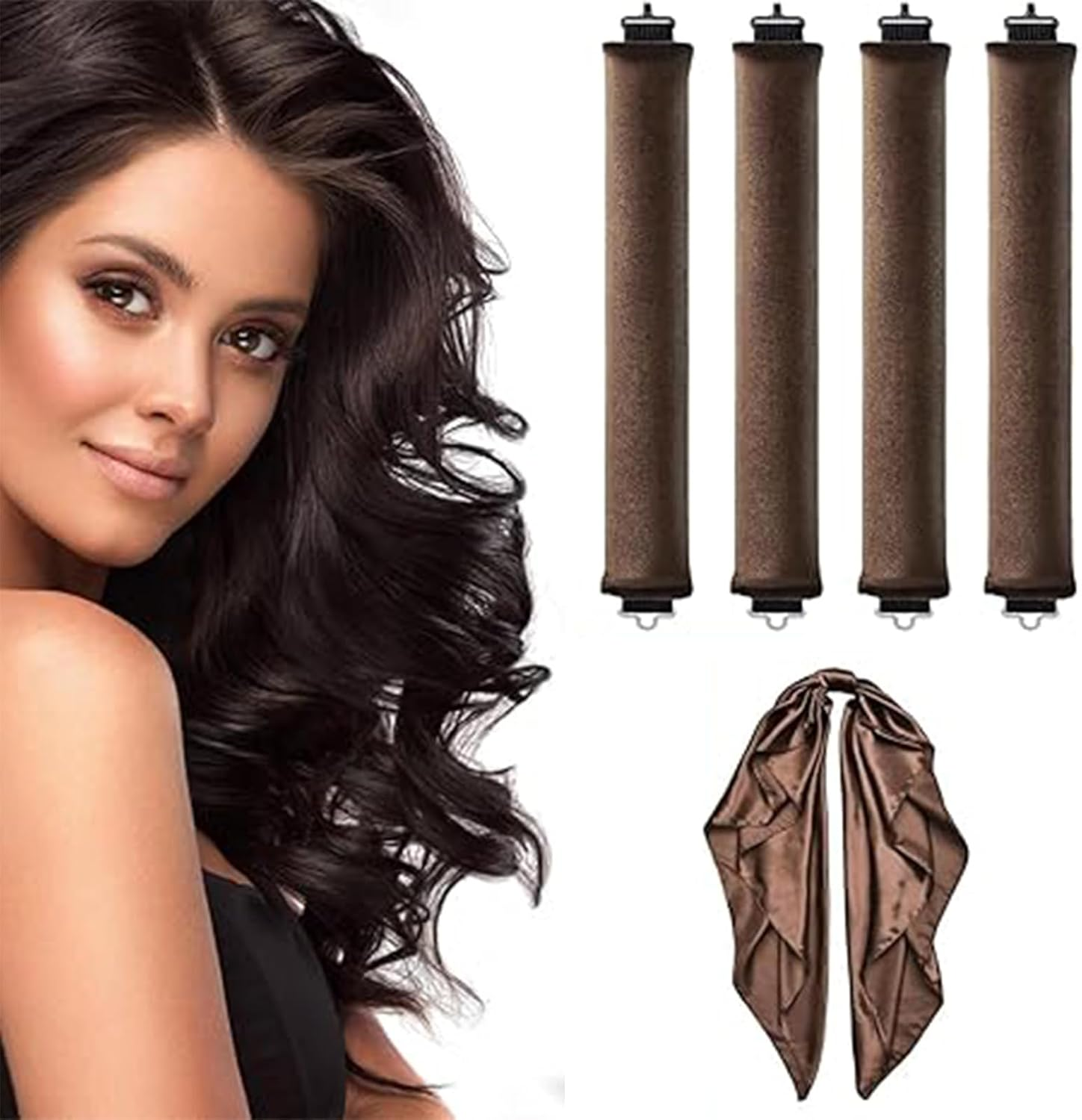 4 PCS Heatless Hair Curler with Hook + 1 PCS Kerchief, Overnight Heatless Curls Blowout Rods for All Hair Types, Soft Hair Roller for Sleeping, Overnight Blowout Curls without Heat (Brown, Large) image number 6