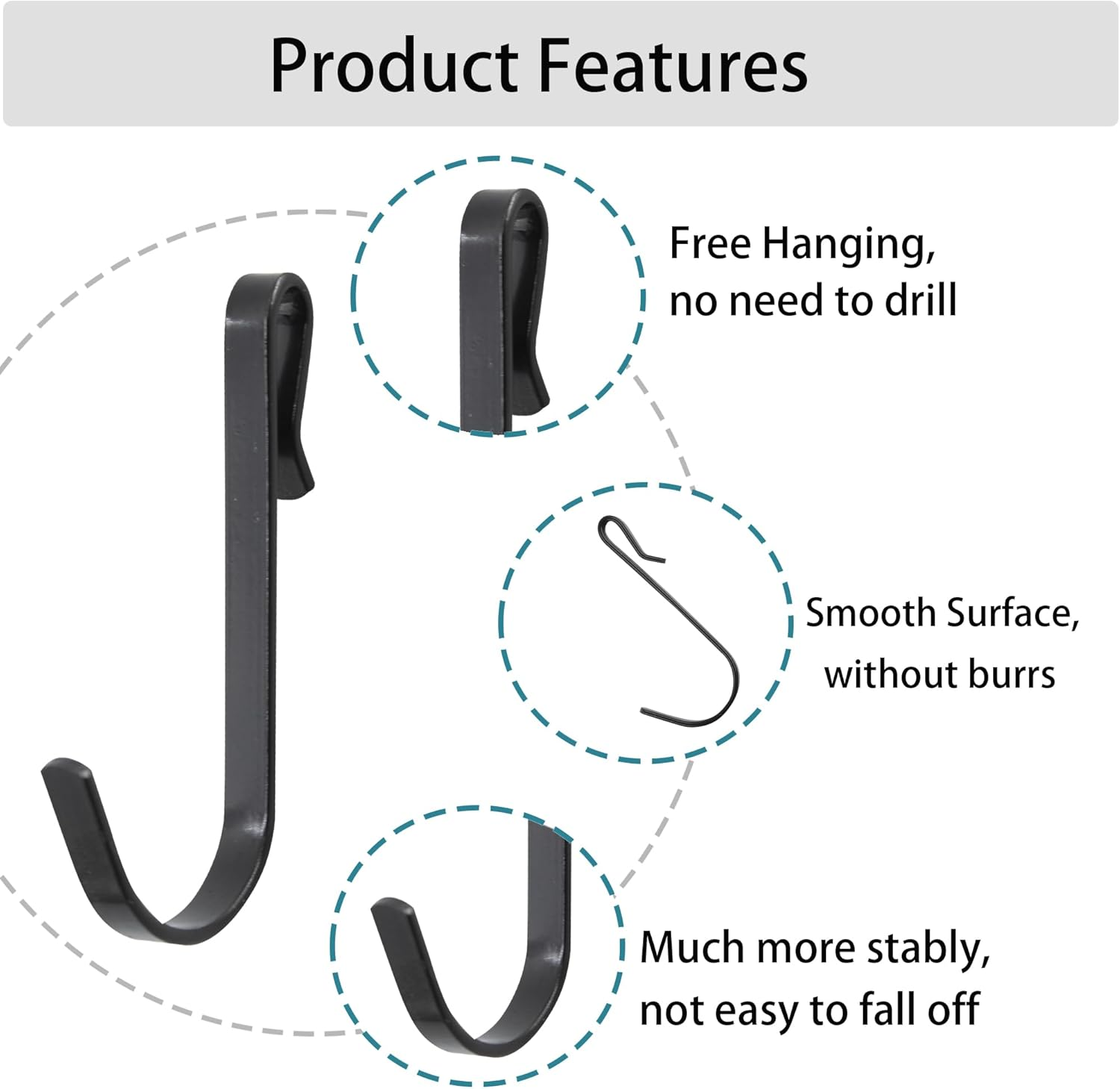 AUXBC 20Pcs J Shaped Hook Stainless Steel Hanger Hooks Clip-On Hook Wire Rack Hook Hanging Sink Grid Hook Shelf Hooks for Kitchen Bedroom Office, Black - Black image number 3