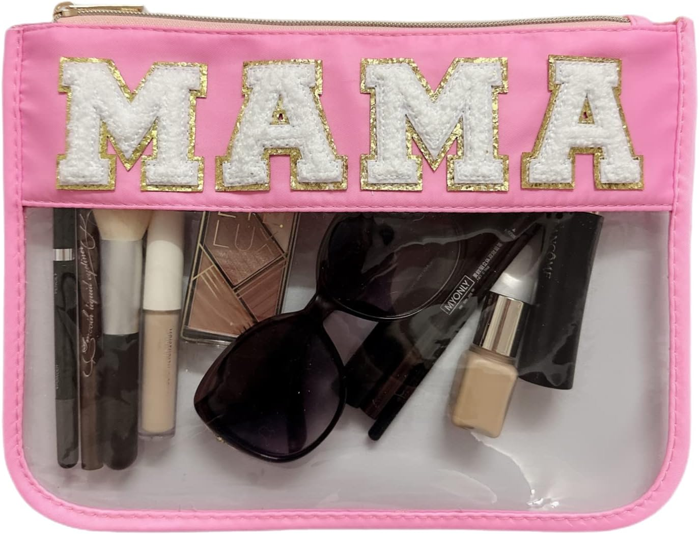 Clear Makeup Letter Bag, Chenille Patch Cosmetic Toiletry Pouch, Stadium Preppy Bags for Women Girls, Beige-Mama