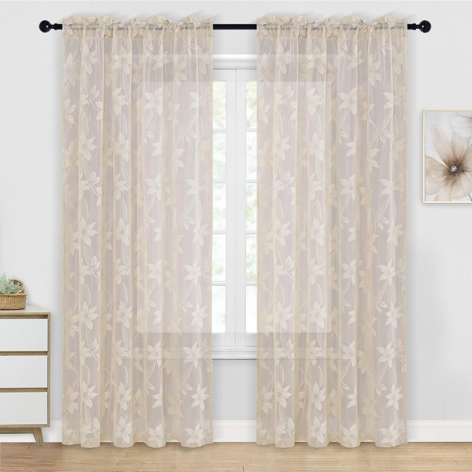 DWCN Sheer Curtains White Floral Lace Curtains Rod Pocket Window Curtains Drapes for Bedroom, Each W132 X D213 Cm, Set of 2 Panels
