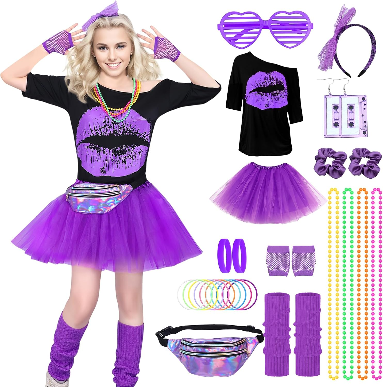 80S Fancy Dress for Women 80S Costume Accessories Set Lips Print T-Shirt Adult Tutu Skirt Lace Headband Neon Earrings Necklace Leg Warmers Fishnet Gloves Bracelet for Party image number 2