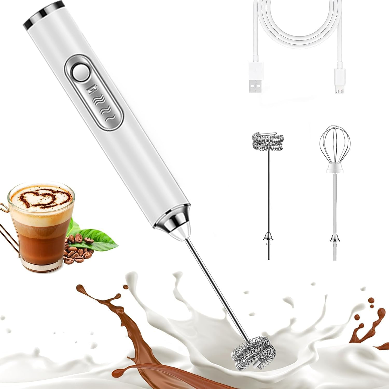 Milk Frother Rechargeable Handheld Electric Whisk Coffee Frother Mixer with 2 Stainless Whisks 3 Speed Adjustable Foam Maker Blender for Coffee Matcha Latte Cappuccino Protein Powder (Black)