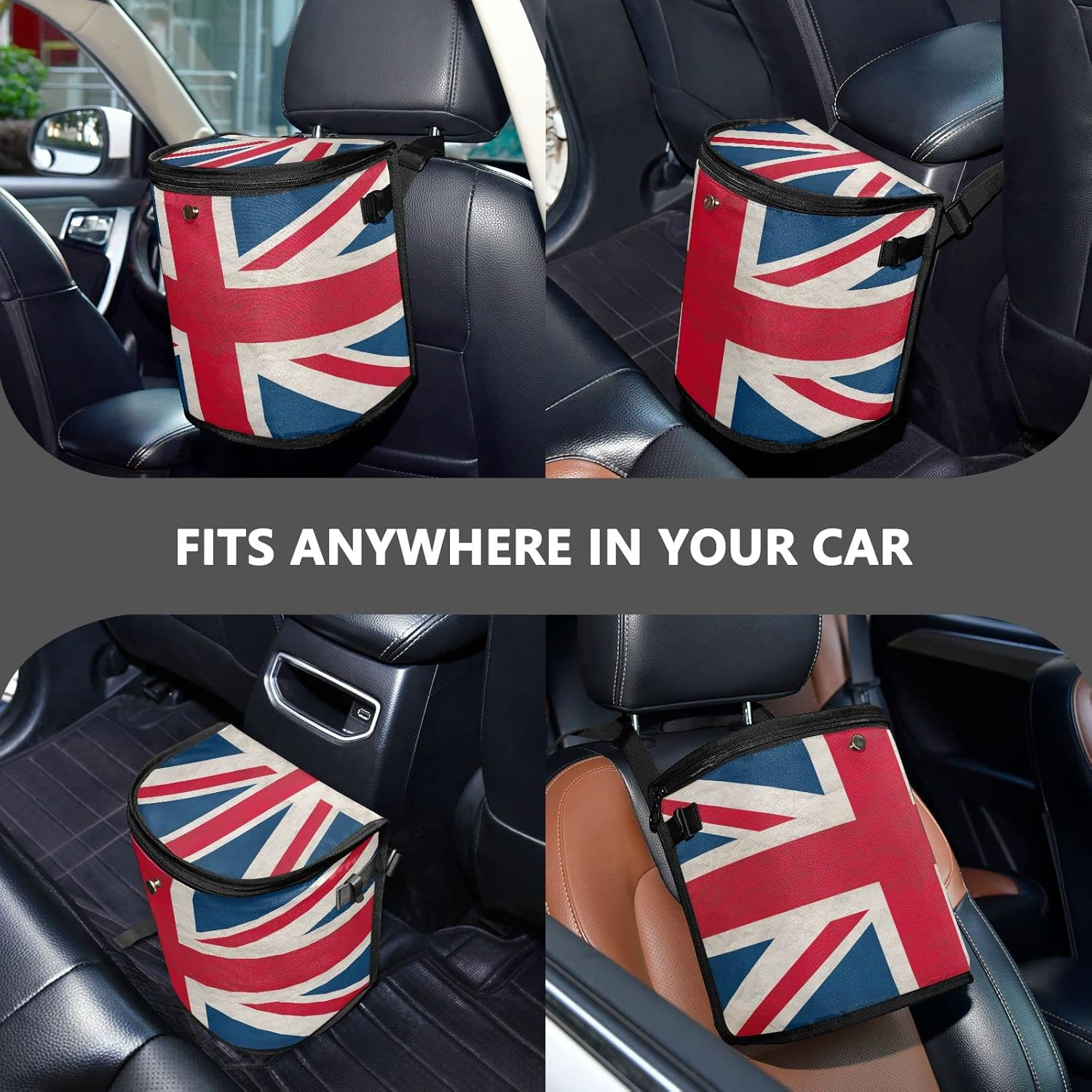 Quteprint Vintage British UK Flag Car Trash Can with Lid, Car Garbage Bag Can Hanging Storage Bag Leakproof Vehicle Car Organizer Accessories Trash Bag Bin Toy Cooler Food Container for Car SUV image number 4