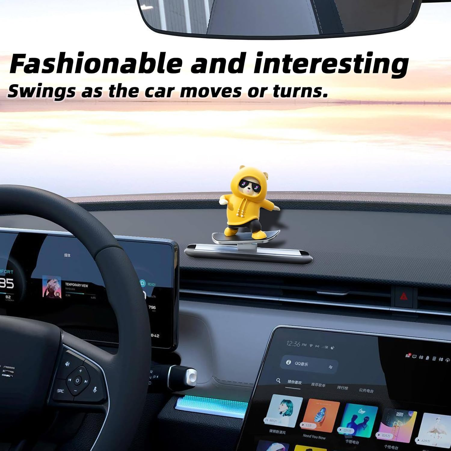 Valentine Gifts for Men,Yellow Skateboard Bear Car Decor Bobblehead Car Dashboard,Yescoo Car Dashboard Accessories,Funny Cut Gifts for Women Men Boyfriend Girlfriend Car Swinging Ornament - Universal image number 5