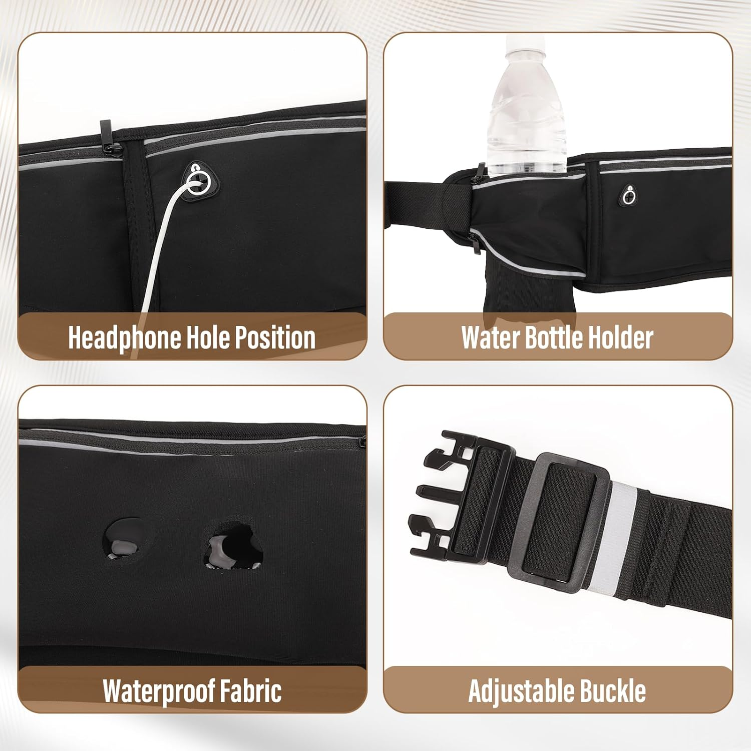 Running Belt Women Men with Water Bottle Holder, Running Waist Packs with Headphone Port, Running Accessories for Running Hiking Cycling Gym (Black) image number 3