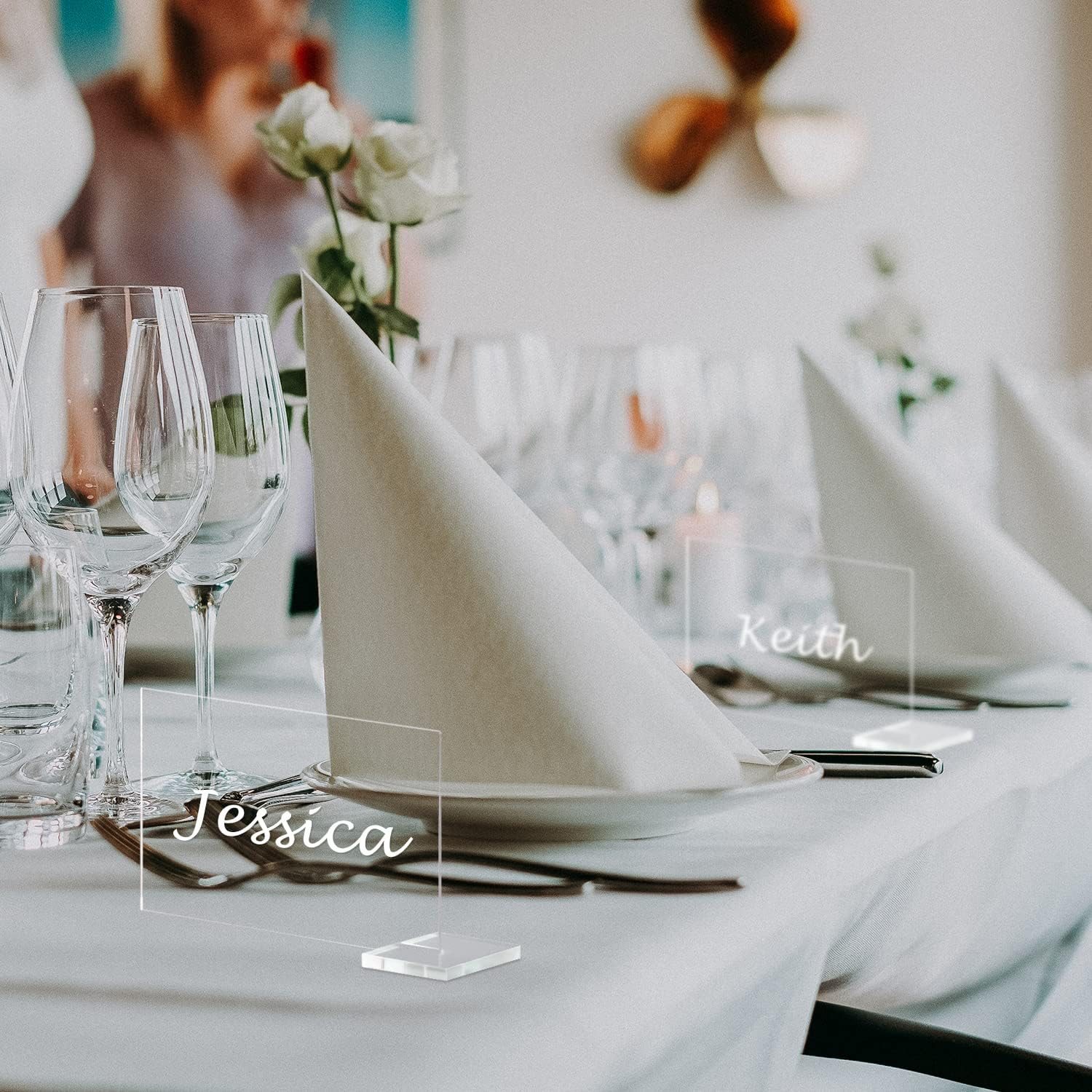 30 Pcs Clear Acrylic Place Cards with Holders, DIY Blank Rectangle Name Cards, Standing Wedding Guest Escort Signs for Party Dinner Table Setting