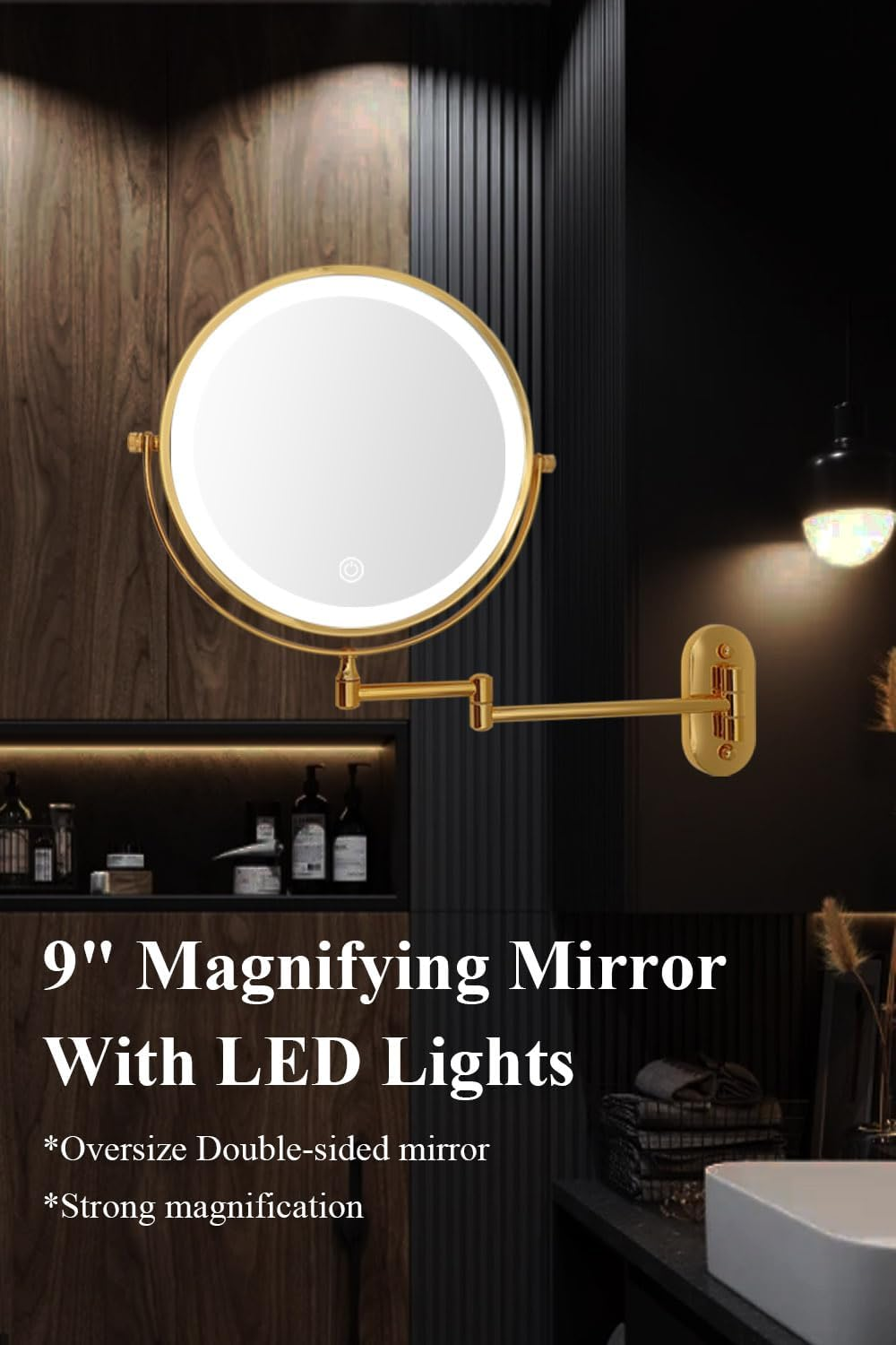 9" Magnifying Mirror with LED Lights Bathroom Large Illuminated Wall Mounted Vanity Mirror for Makeup Shaving (With LED Lights,Bright Luxury Gold 7X Magnification) image number 1