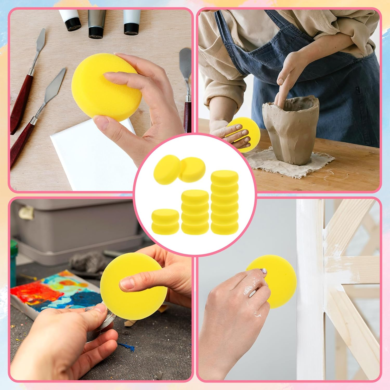 Paint Sponge, 12 Pcs Yellow round Painting Sponges 3 Inch Artist Pottery Sponge Applicator Watercolor Sponges for Face Painting Pottery Art Crafts Ceramics image number 6