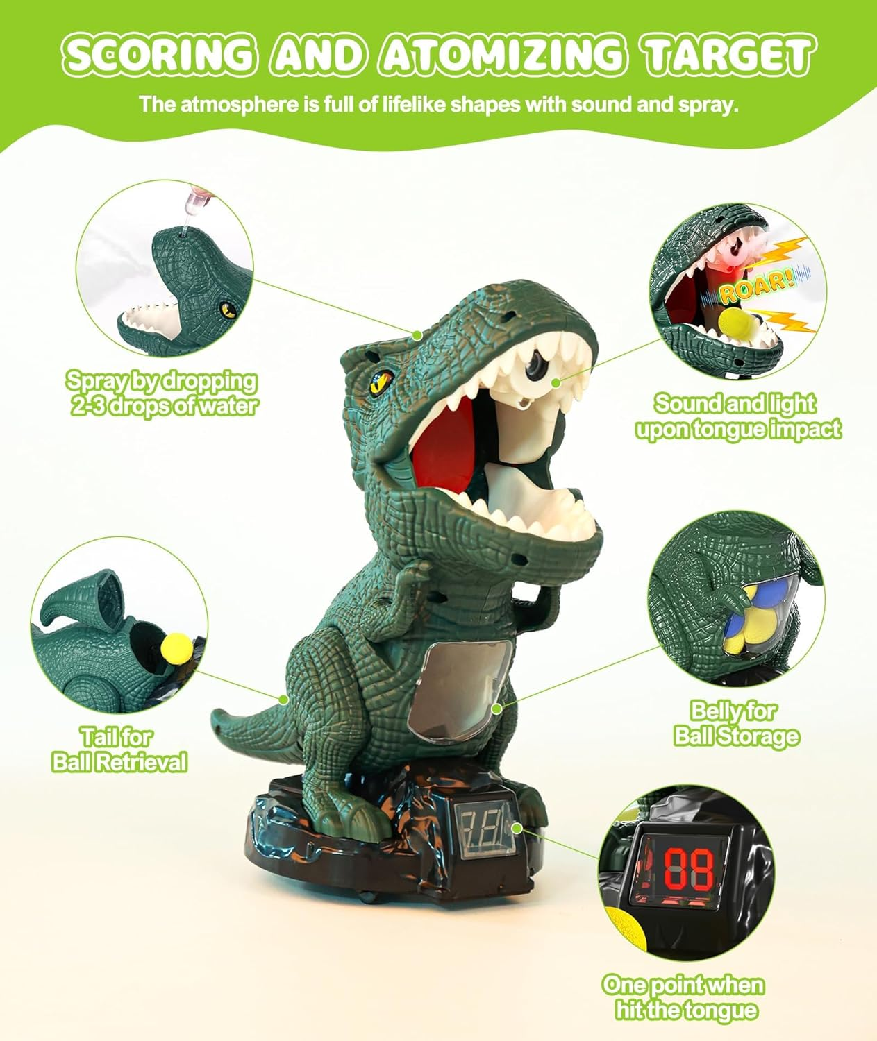 Movable Dinosaur Shooting Toy for Kids 3 4 5 6 7+ Years, 2 Air Pump Guns & 48 Foam Balls, LED Score + Spray Sound, T-Rex Target Game image number 1