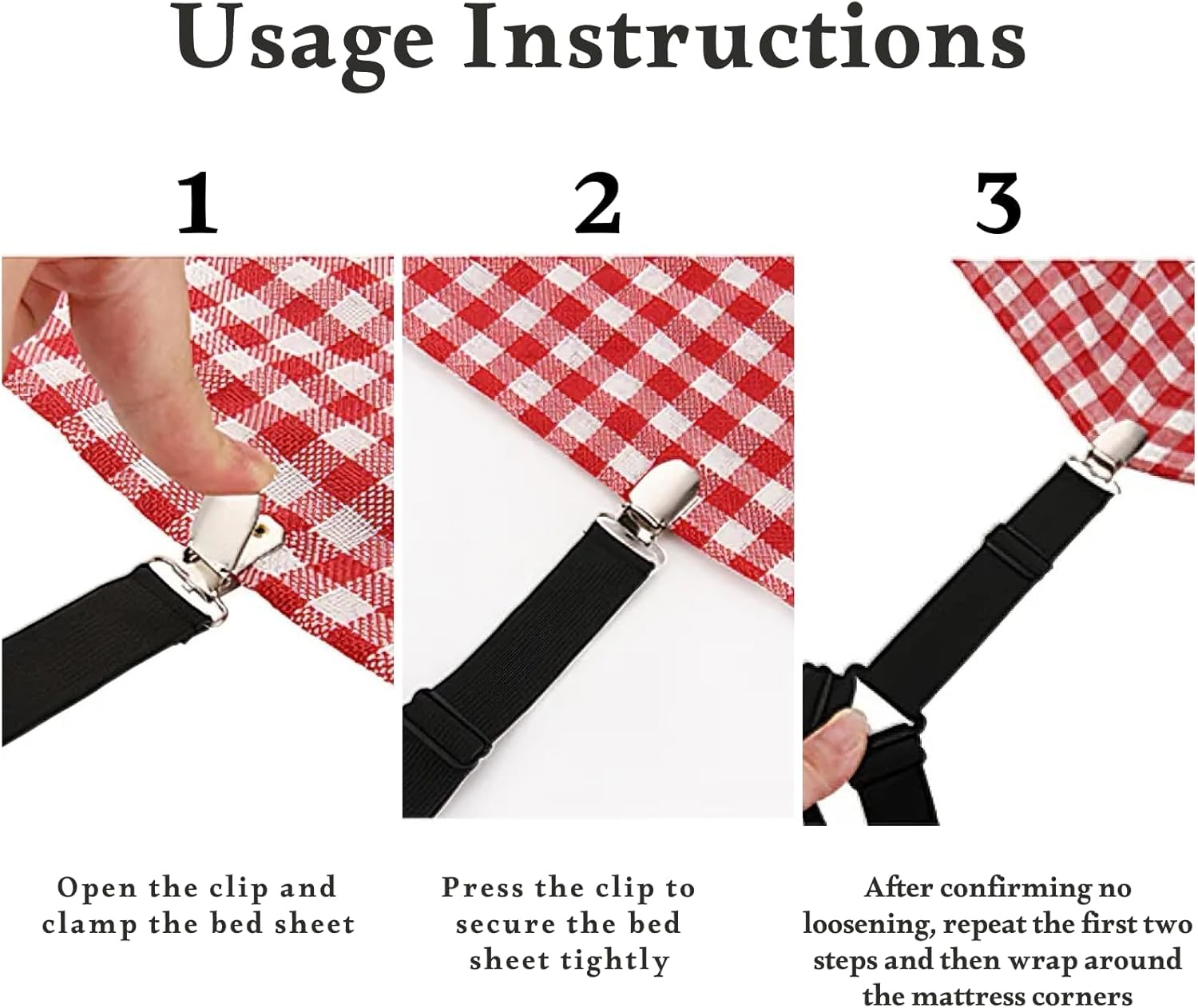 Premium Bed Sheet Straps Set 4 PCS, Adjustable Fitted Sheet Holders in Black, Durable Elastic Nylon with Nickel-Plated Clips, Suitable for Most Bed Types, Keep Sheets Securely in Place image number 1