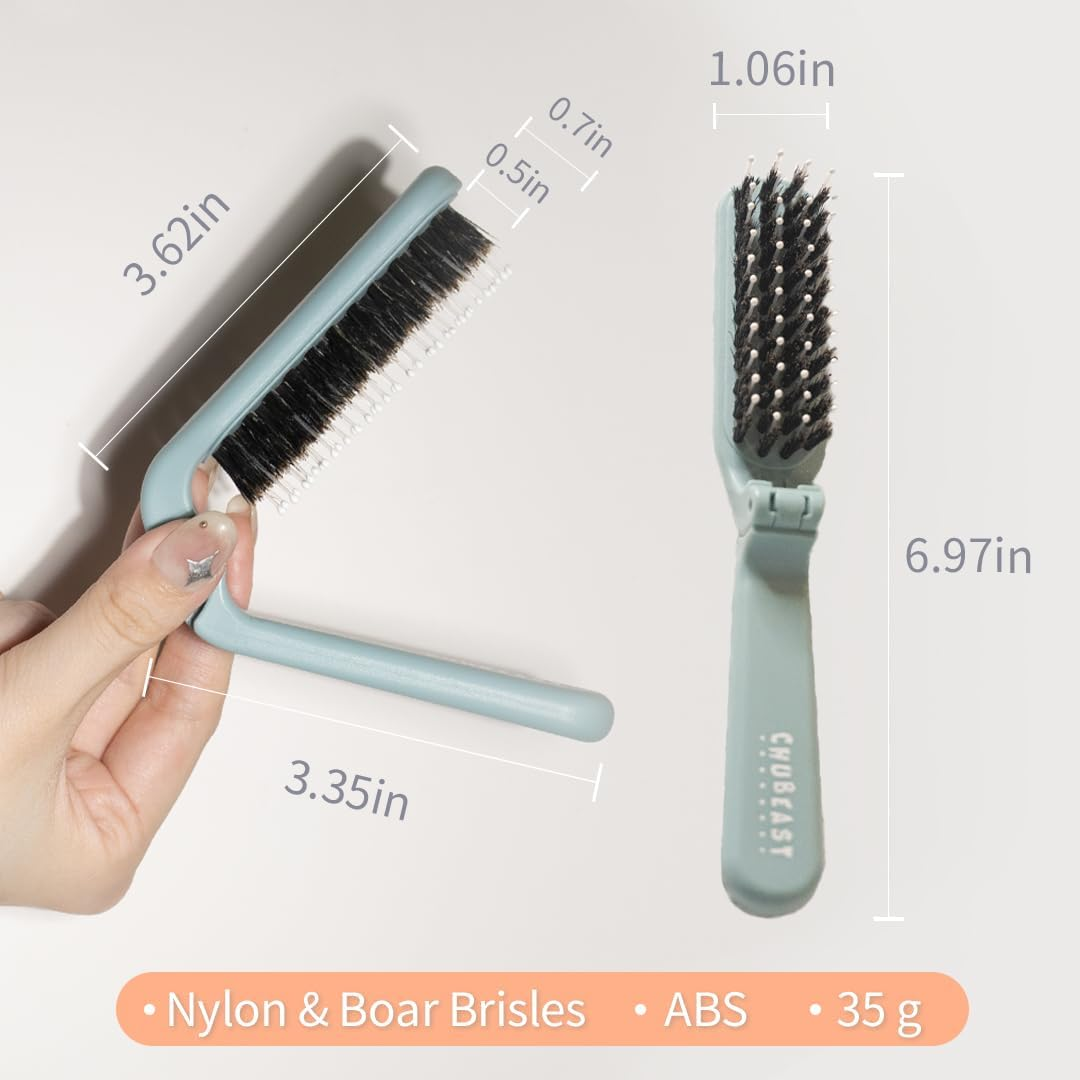 Uffy Minipop Travel Hair Brush &ndash; Mini Folding Boar Bristles for Women, Men & Kids | Kid-Friendly Portable Purse Brush for Wet & Dry Hair, Curly or Straight | Pocket-Size Detangler &ndash; Baby Blue