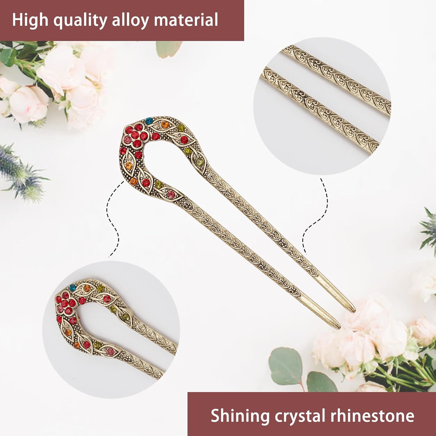 NICENEEDED 5 PCS Vintage U-Shaped Hair Forks, French Double Prong Rhinestone Crystal Hairpin, Classical Alloy Hair Accessories for Wedding Party Holiday Daily image number 2