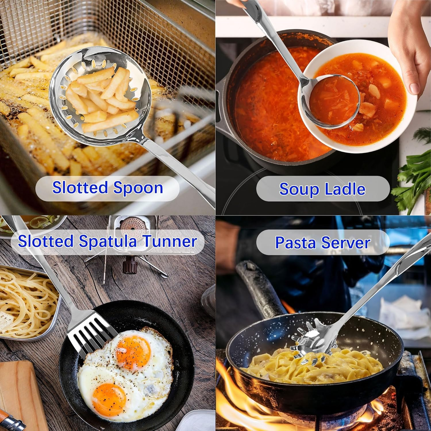 IMEEA 5-Piece Kitchen Utensils Set SUS304 Stainless Steel Cooking Utensils Set Includes Spatula, Soup Ladle, Slotted Spatula, Pasta Server & Skimmer