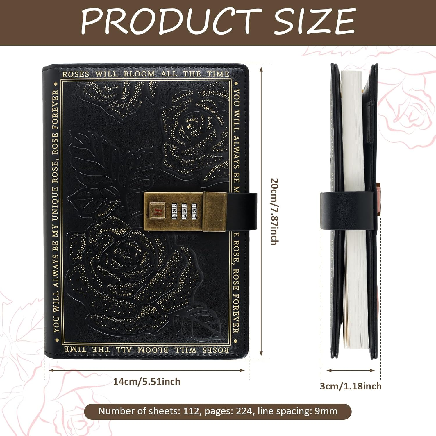 UKQRRTC PU Leather Cover Lockable Journal, Travel Journal, Vintage Locking Notebook, 224 Pages Thick Personal Locking Diary with Combination Passwords for Student Office Staff (Black) image number 2