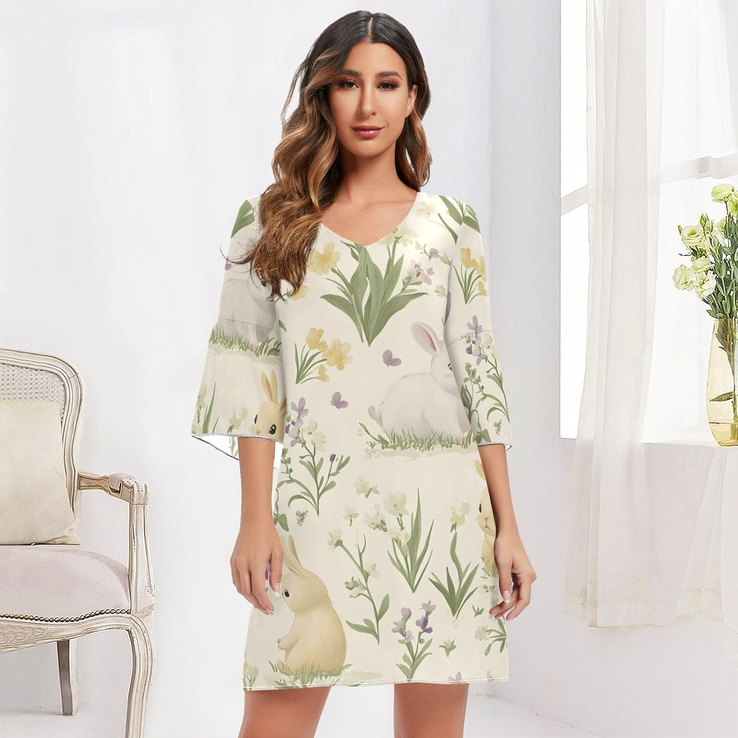 Easter Rabbits Cute Flowers Ladies Chiffon Dress 3/4 Sleeve Maternity Dress Party S-XXL image number 1