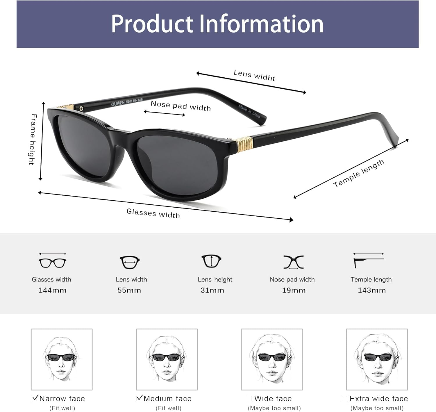 OUWEN Trendy Rectangle Polarized Sunglasses Womens Mens, Retro Designer Small Sun Glasses OW2501 - Black image number 3