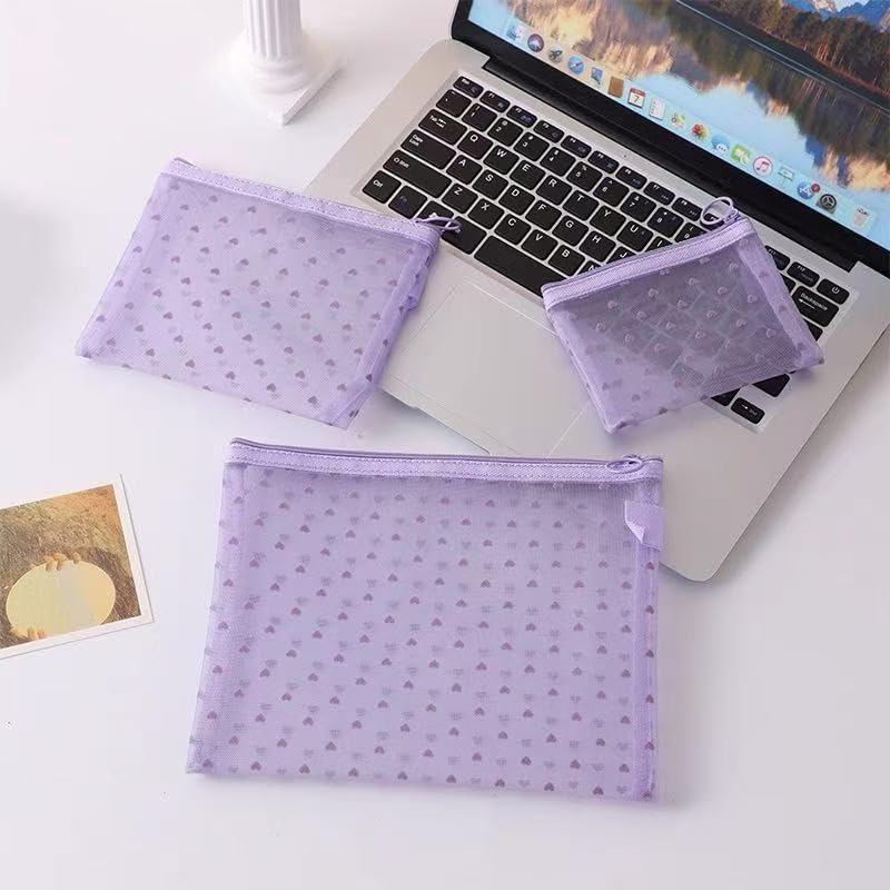 Clear Heart Pattern Makeup Bag Set, Travel Toiletry Storage Pouches with Zipper, Transparent Mesh Cosmetic Organiser (Pink) image number 5