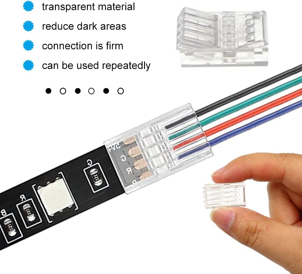 20 Pieces 4-Pin LED RGB Strip Connector, Transparent Solderless LED Linghting Adapter, Quick Connector Extension Terminal for LED Strip Lights, Gapless Track Lighting Connectors
