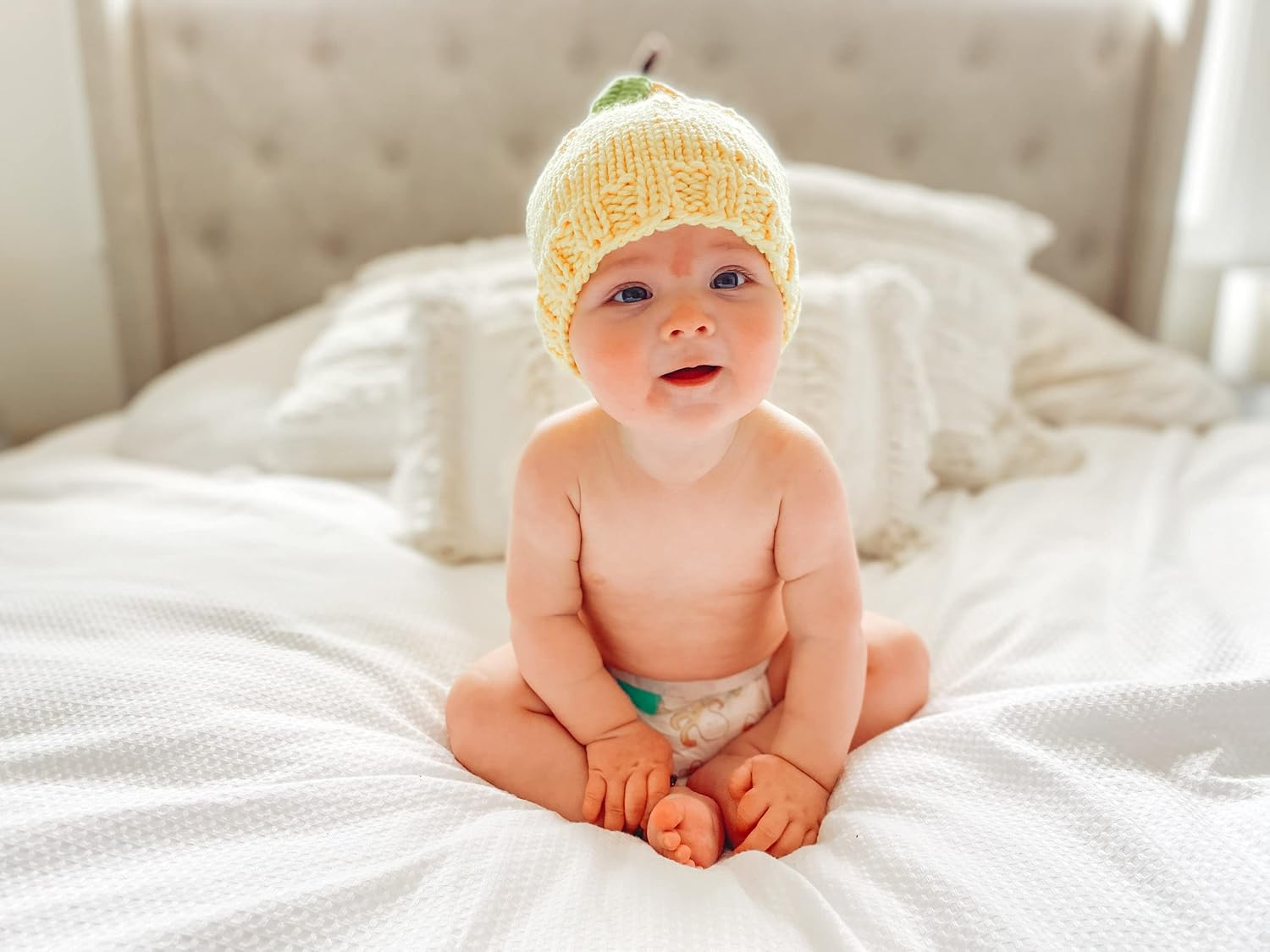 Tinker Tot Winter Baby Beanie L Lemon 4-8 Months Soft & Warm Crocket Knit Kids Beanie for Boys and Girls with Warm Earflap L Handmade Newborn Baby to Toddler Beanie Hat &ndash; M image number 3