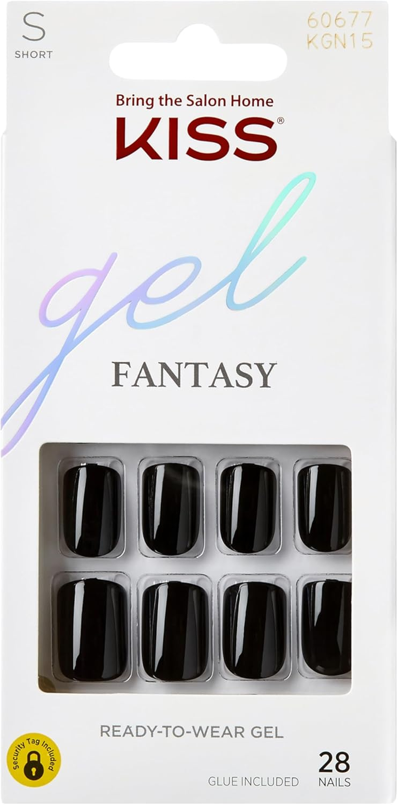 KISS Gel Fantasy Ready-To-Wear Press-On Gel Nails, &ldquo;Aim High&rdquo;, Short, Black, Nail Kit with 24 Mega Adhesive Tabs, Pink Gel Glue, Manicure Stick, Mini File, and 28 Fake Nails