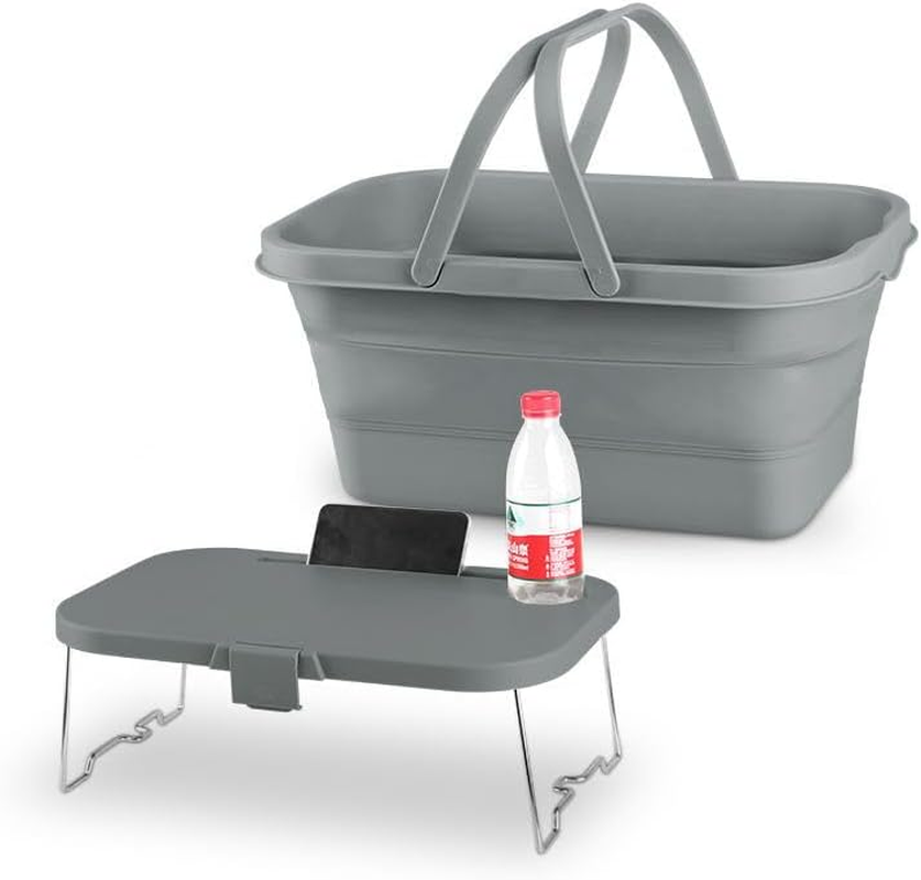 Portable Picnic Storage Basket with Folding Table Tray, Grey, Camping and Outdoor Use image number 5