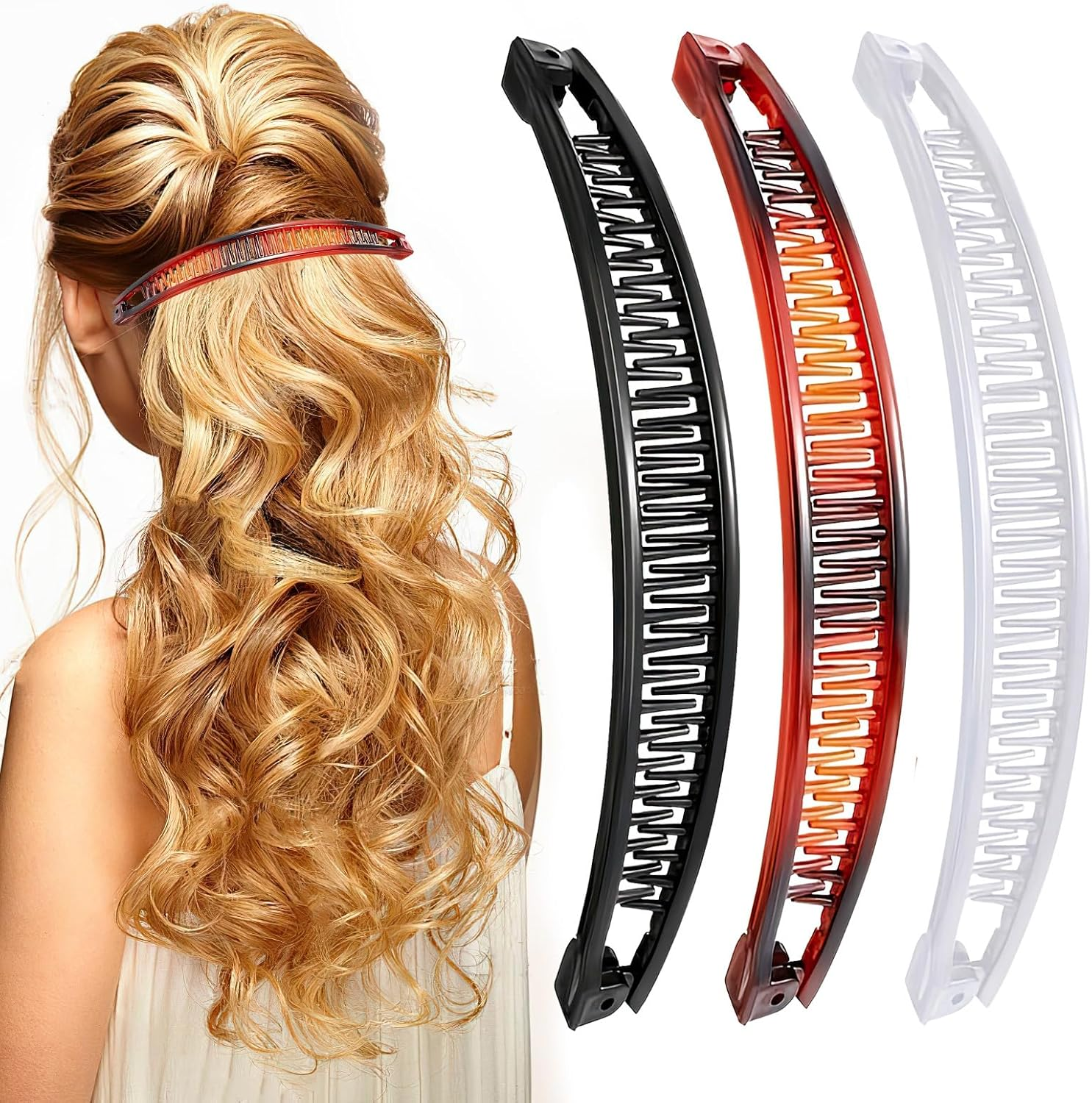 Pack of 3 Banana Clip Hair, Banana Clip Vintage, Large Banana Hair Clip, Banana Hair Clips, Women'S Thin Hairstyle, Ponytail Holder, Banana Clip Hair Accessory for Women (Black, Brown, White) image number 2