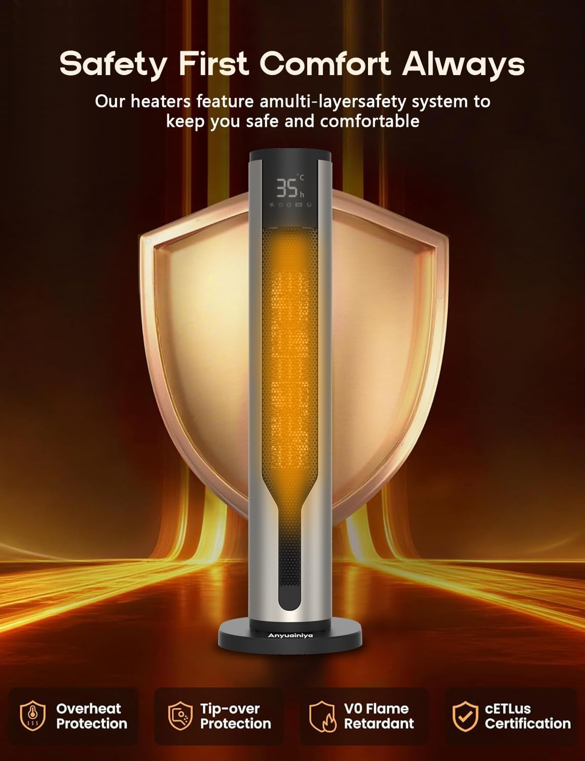 2000W Space Heater for Indoor Use, 60Cm Height Portable Fan Heater, 70&deg; Oscillating Tower Space Heater with Remote, 4 Modes, 12H Timer, Overheating & Tip-Over Protection, Electric Heater for Home image number 6