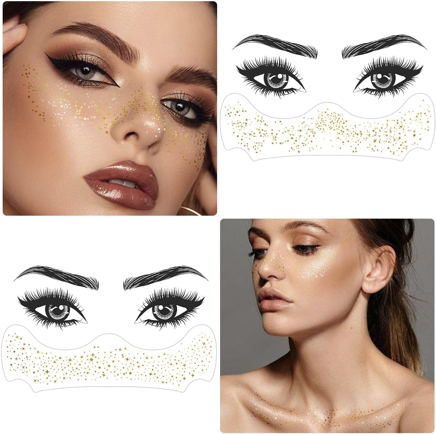 6Pcs Gold Face Makeup Patches, Glitter Freckles Face Tattoo, Glitter Freckles, Sparkle Makeup Patches, Waterproof Face Glitter Speckles Patches for Women image number 2