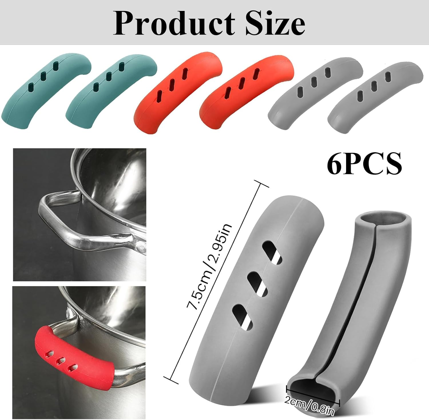 6Pcs Silicone Assist Handle Holder Grip,Non Slip Pot Grip Handle Sleeve,Non-Slip Pot Handle Covers, for Frying Cast Iron Skillet Metal Pan (3 Colors) image number 6