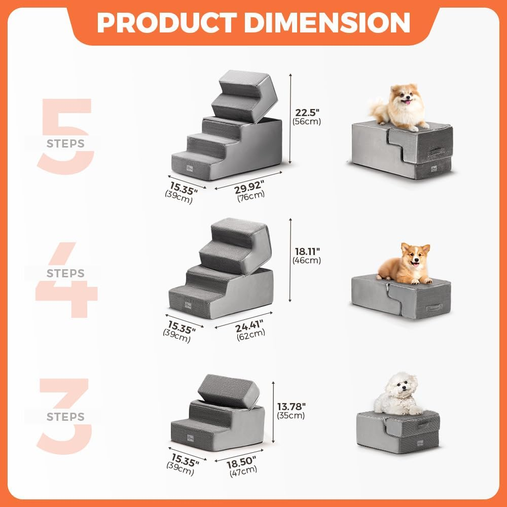 Petzly Dog Stairs for Bed, 4-Step 46CM Height Dog Steps for Small Dogs and Cats, High Density Foam Spliceable Pet Ramp, Non-Slip Balanced Dog Ramp Indoor, Grey image number 3