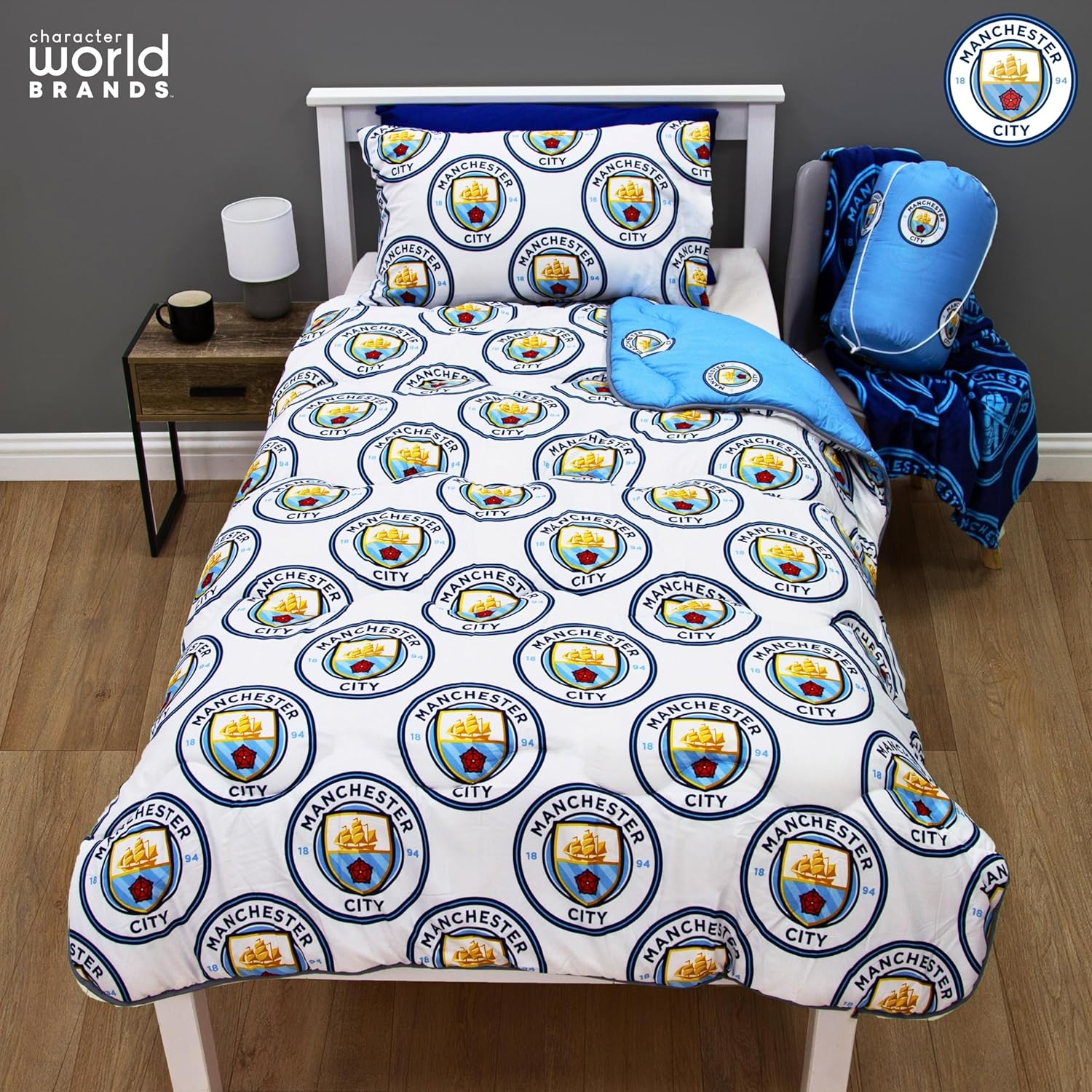 Character World Manchester City FC Official Single Bed Coverless Duvet Bedding Reversible Coverless Quilt, Pillowcase Washable Duvet for Travelling 10.5 Tog