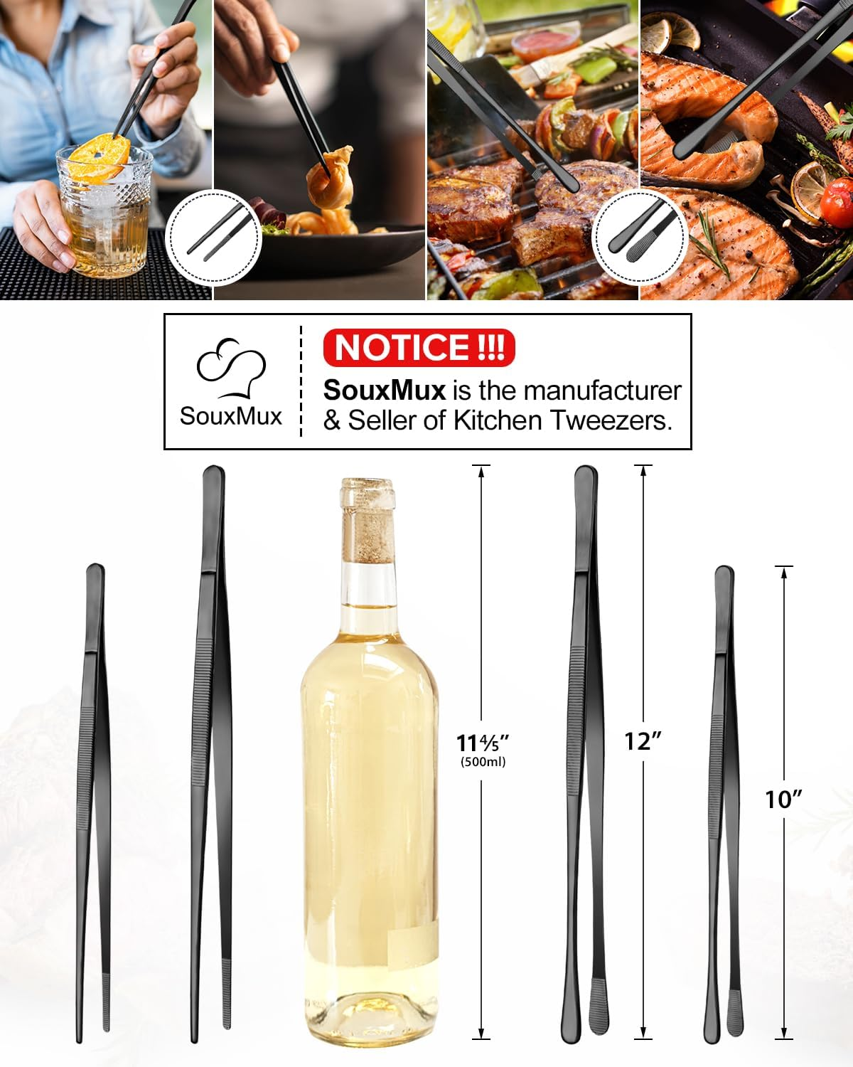 2 Pcs 12-Inch Cooking Tweezers Tongs Precision Serrated Tips, Stainless Steel Professional Chef Tweezer Kitchen Tools for BBQ, Plating and Serving (Black) image number 7