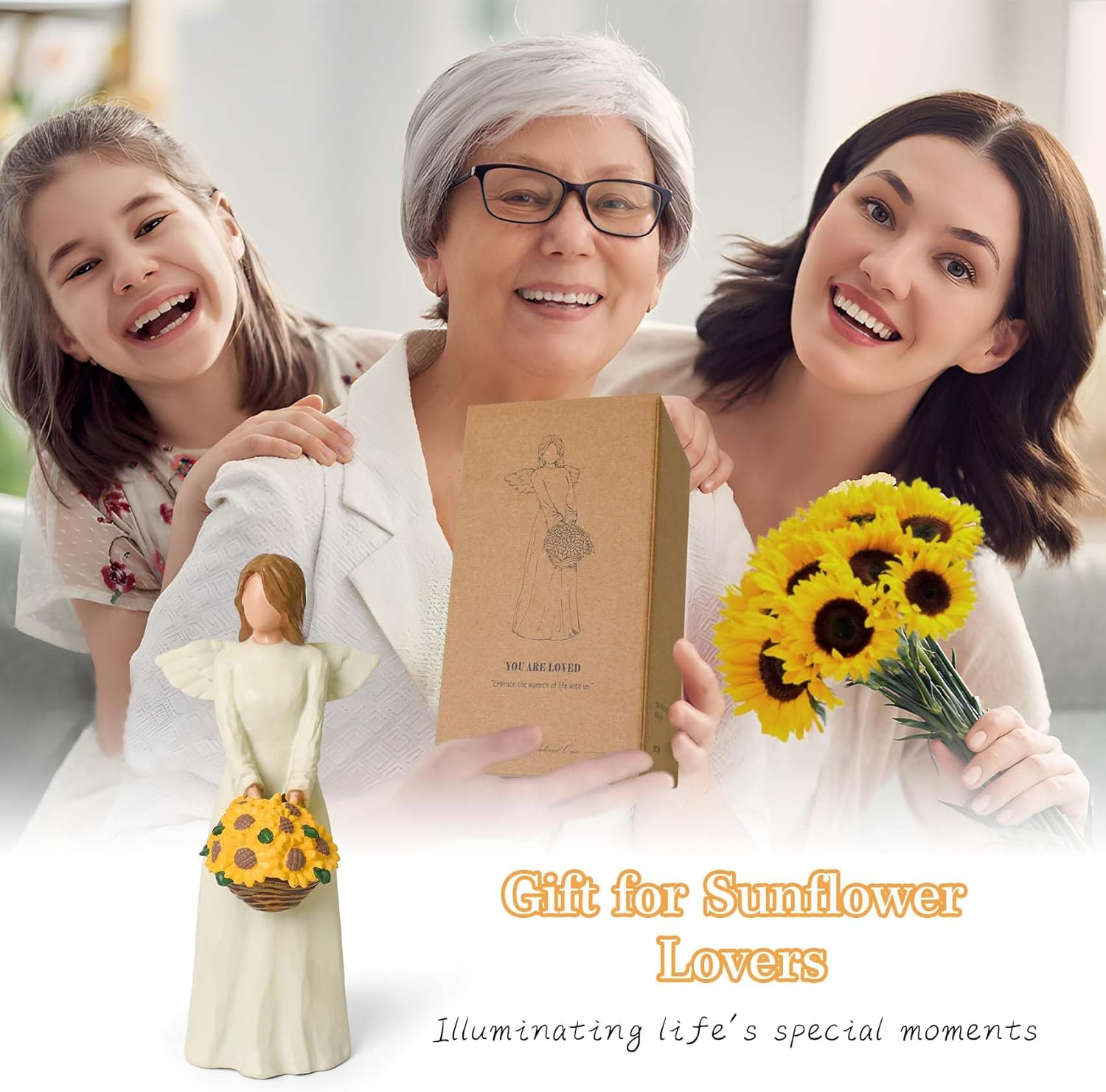 Sunflower Gifts for Women, Resin Sculptured Guardian Angel Figurines with Sunflower Basket, Inspirational Angel Gifts for Mom Daughter Sisters - Christmas, Mother&rsquo;S Day, Birthday Home Decor image number 2
