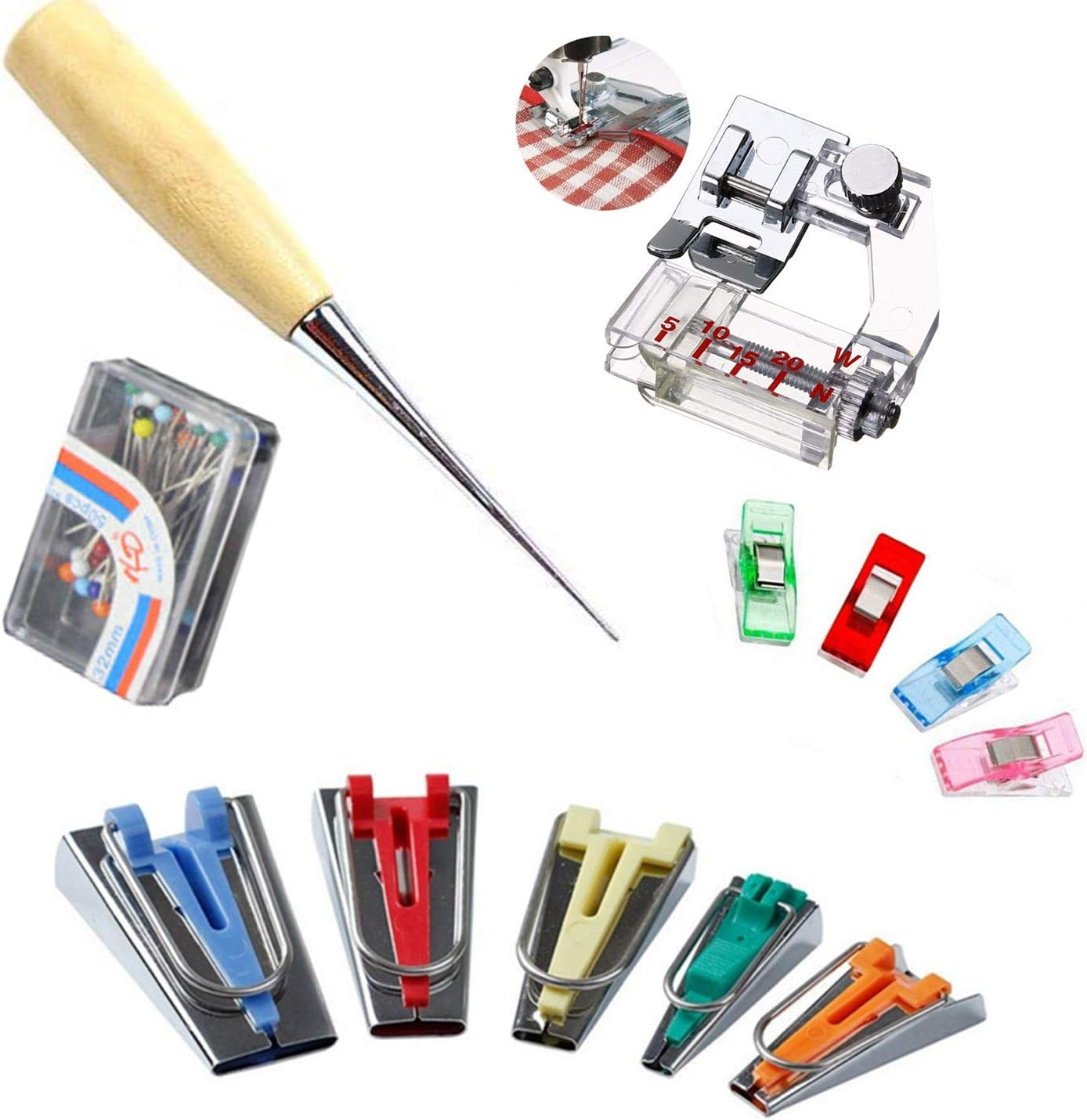 Windman Bias Tape Maker Kit 5Sizes Include 6MM/9MM/12MM/18MM/25MM Fabric Bias Tape Makers for Home DIY Quilting Binding Use with Tape Binding Foot,Awl,Clips and 50Pcs Sewing Pins image number 4