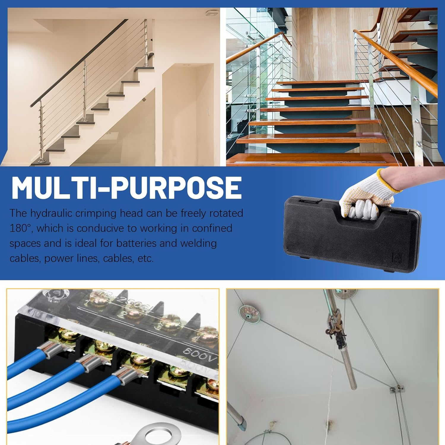 Glarks 12Pcs Hydraulic Crimping Tool Kit, 10 Ton Hydraulic Hand Crimper Tool with Wire Cable Cutter, Dies and Gloves Kit for 1/8" to 3/16" Cable, Wire Swaging Tool with Stainless Steel Cable Cutter image number 4