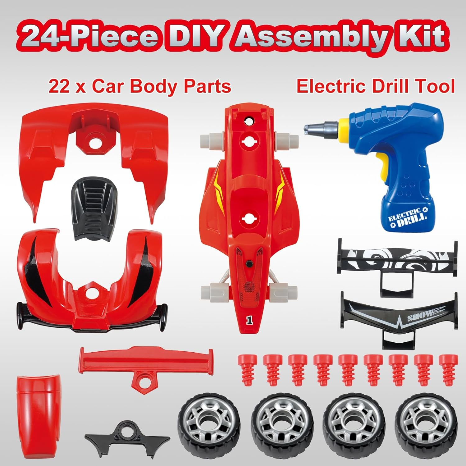 Pup Go F1 Construction Toy Racing Car - 24 Pieces with Realistic Sounds & Lights - 2 in 1 Easy Build Your Own Racing Car Kit with Electric Drill Tool - Take Apart Toys Gifts for 3+ Years Old Boys Kids - Blue image number 6