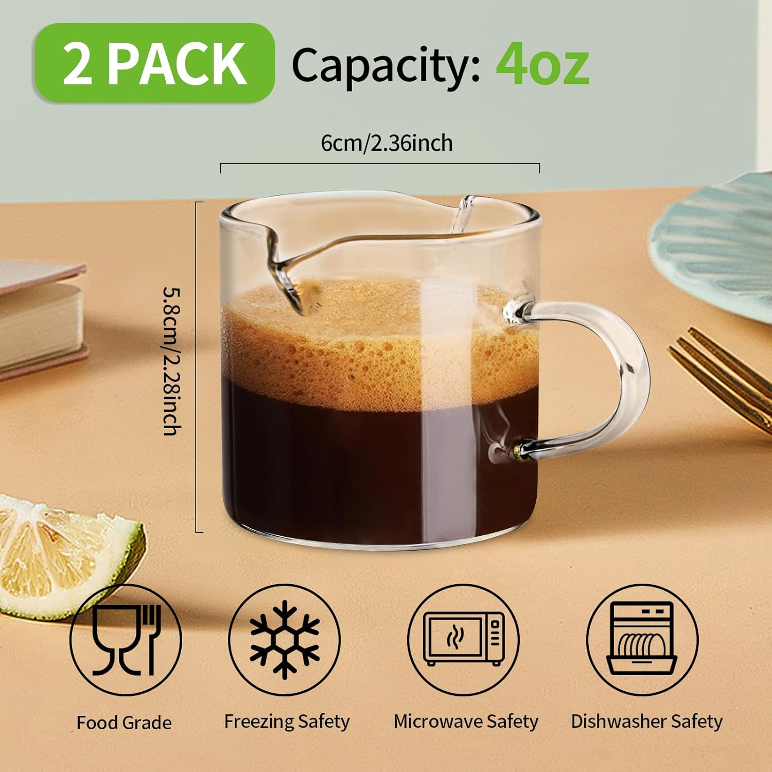 Espresso Cups Set of 2，120Ml Double Spouts Coffee Cups, Coffee Bar Accessories, Espresso Shot Glass with Handle, Perfect for Latte, Milk, Milk Froth, and Cappuccino image number 3