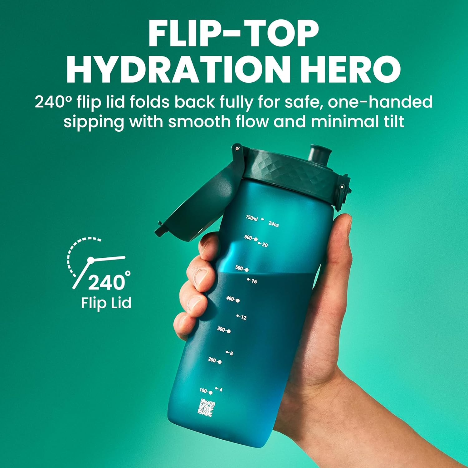 Ion8 Sports Water Bottle, 750 Ml/24 Oz, Leak Proof, Easy to Open, Secure Lock, Dishwasher Safe, BPA Free, Flip Cover, Carry Handle, Soft Touch Contoured Grip, Easy Clean, Odour Free, Aqua