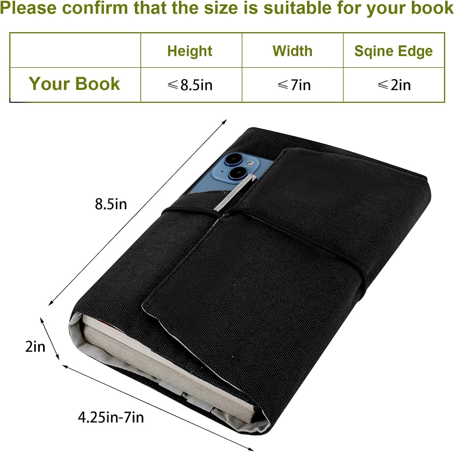 Canvas Book Cover Sleeve, Adjustable Washable Book Protector, for Hardcover/Paperbacks with Pockets for Pen, Elastic Cord Binding, Soft Book Covers, Bookish Gifts for Book Lovers (Black)