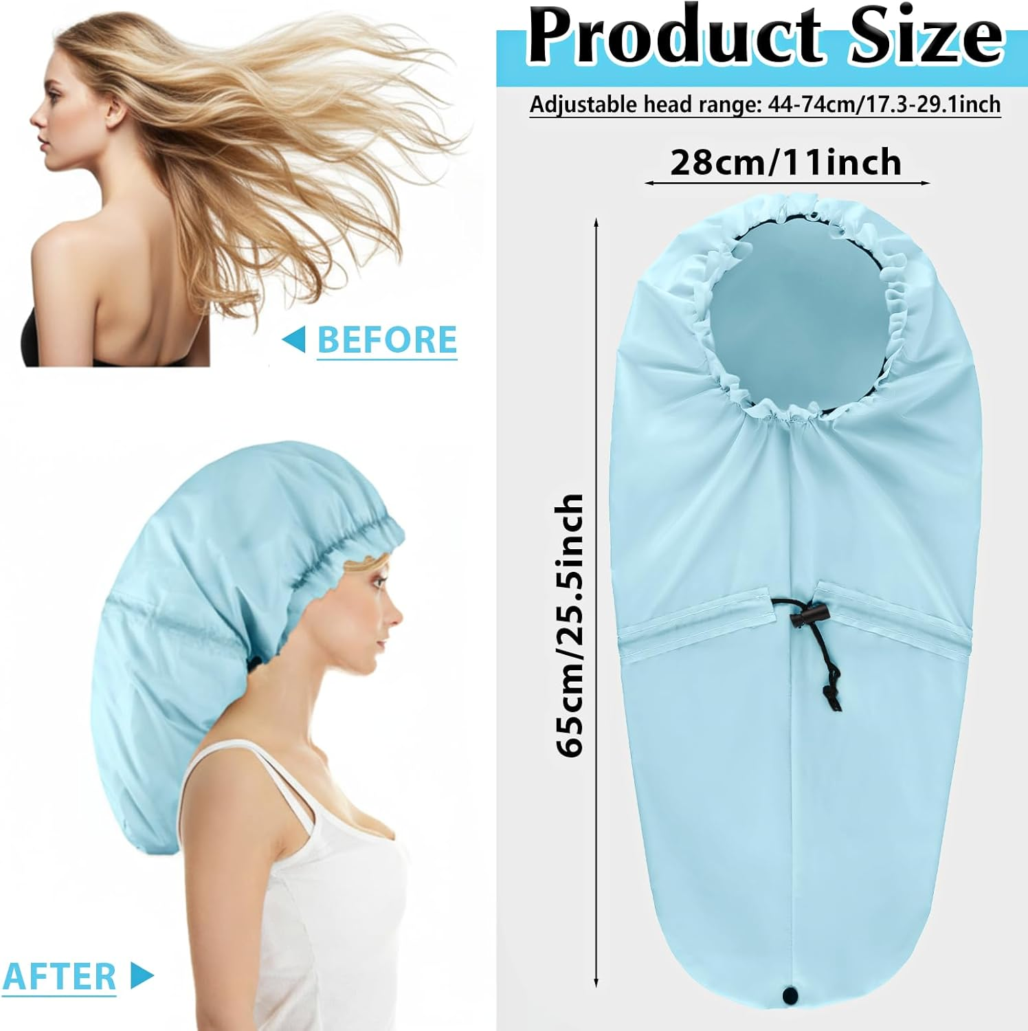 2 Pack Extra Large Shower Caps for Braids, Long Hair & Locs, Waterproof Hair Bonnets for Dreadlocks with Adjustable Drawstring (Pink, Light Blue) image number 4