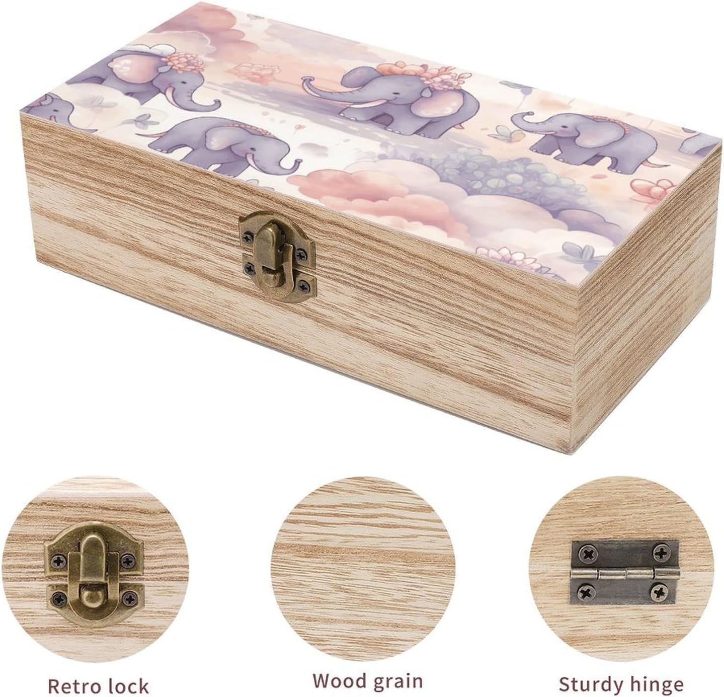 Elephant Pattern Wooden Box Wood Wedding Keepsake Boxes with Lids Small Decorative Boxes Lightweight Wooden Memory Storage Box for Crafts Keepsakes Jewelry Photo Letter Storage image number 2