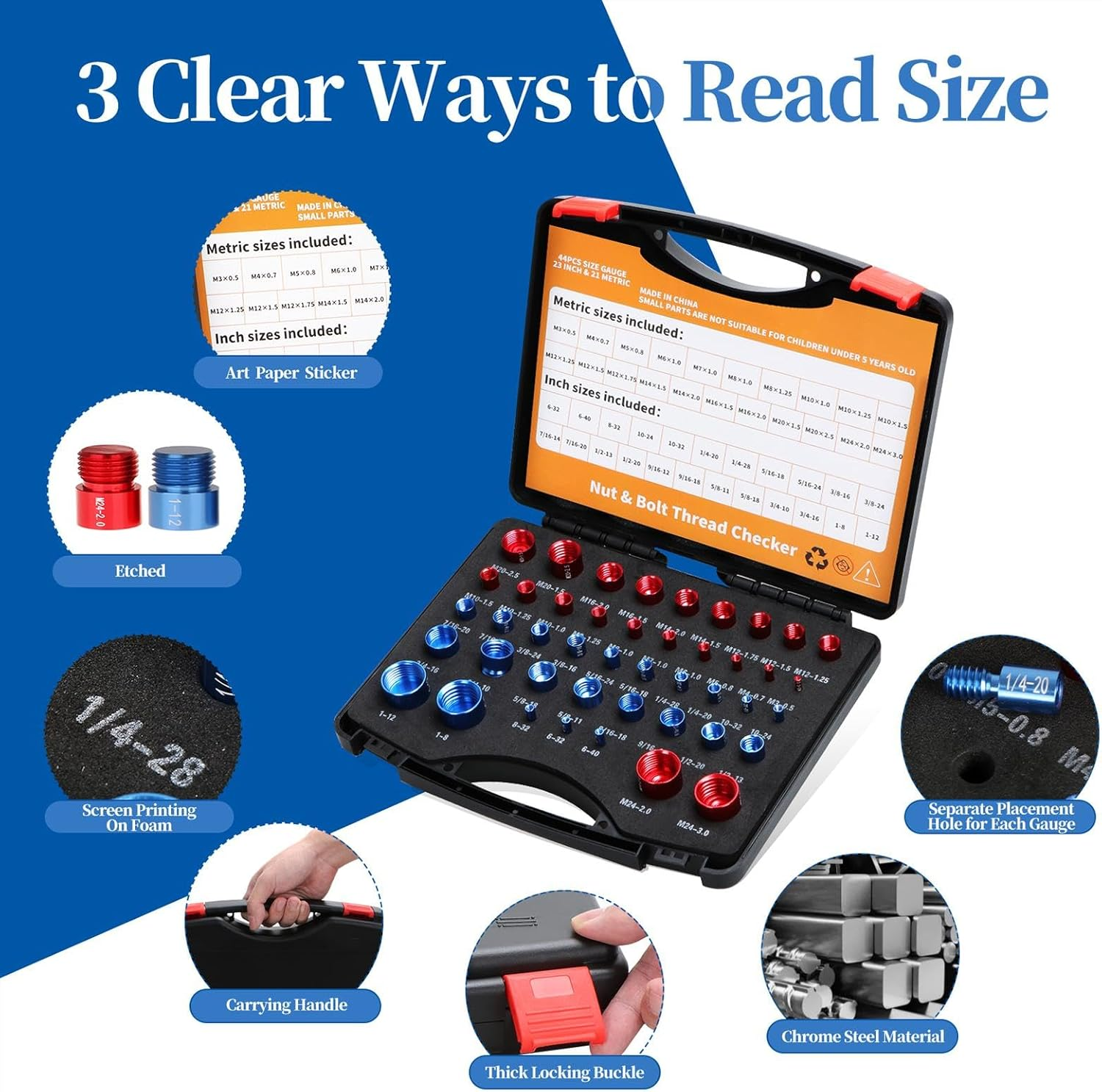 Amagogo 44Pcs Nut and Bolt Thread Checker Bolt and Nut Identifier Gauge Box Male/Female Gauges image number 1