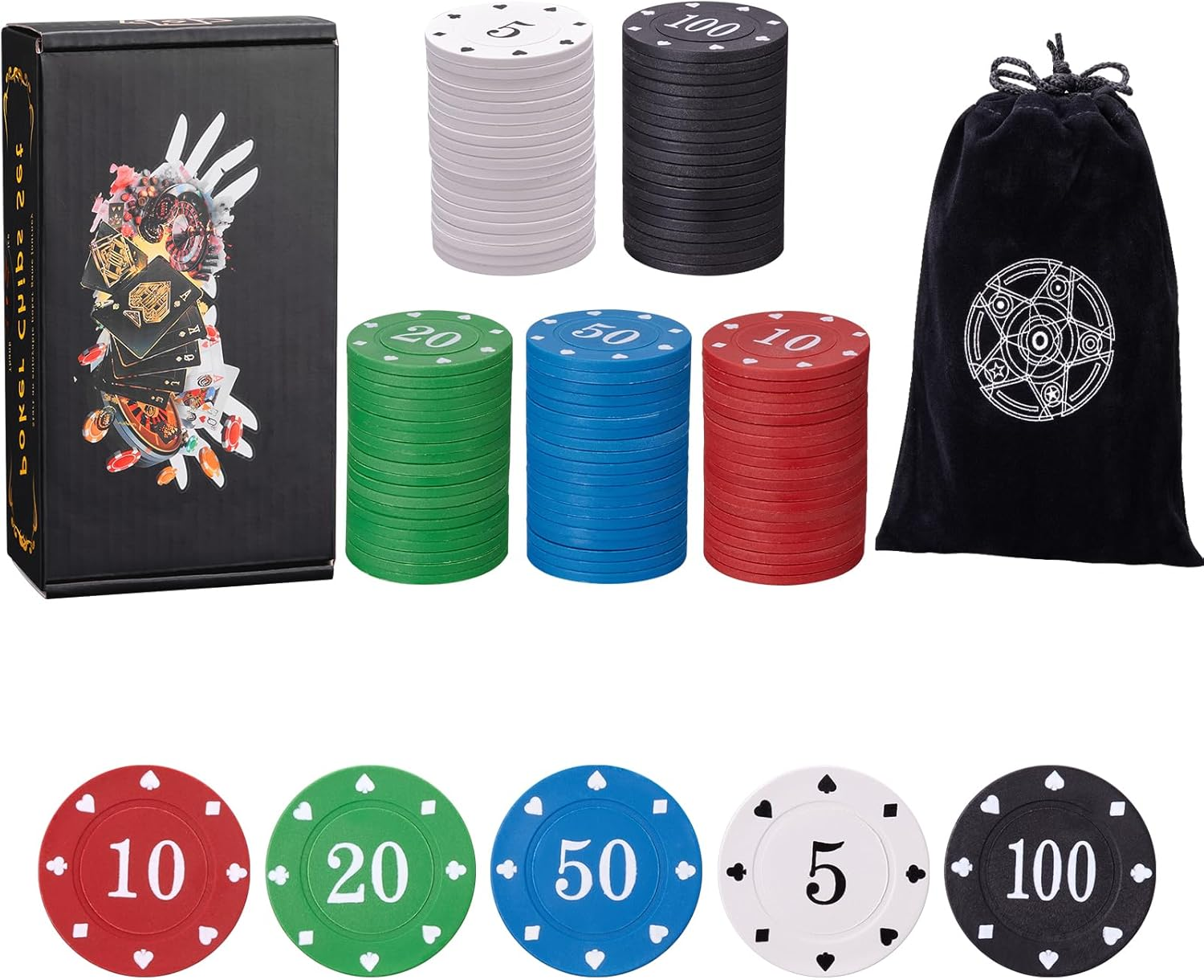 Poker Chips,Denomination Poker Chips Set with Black Velvet Pouch Bag,Plastic Learning Counters Disks and Learning Math Counting Chips,Game Night Party Supplies(100Pcs) image number 4