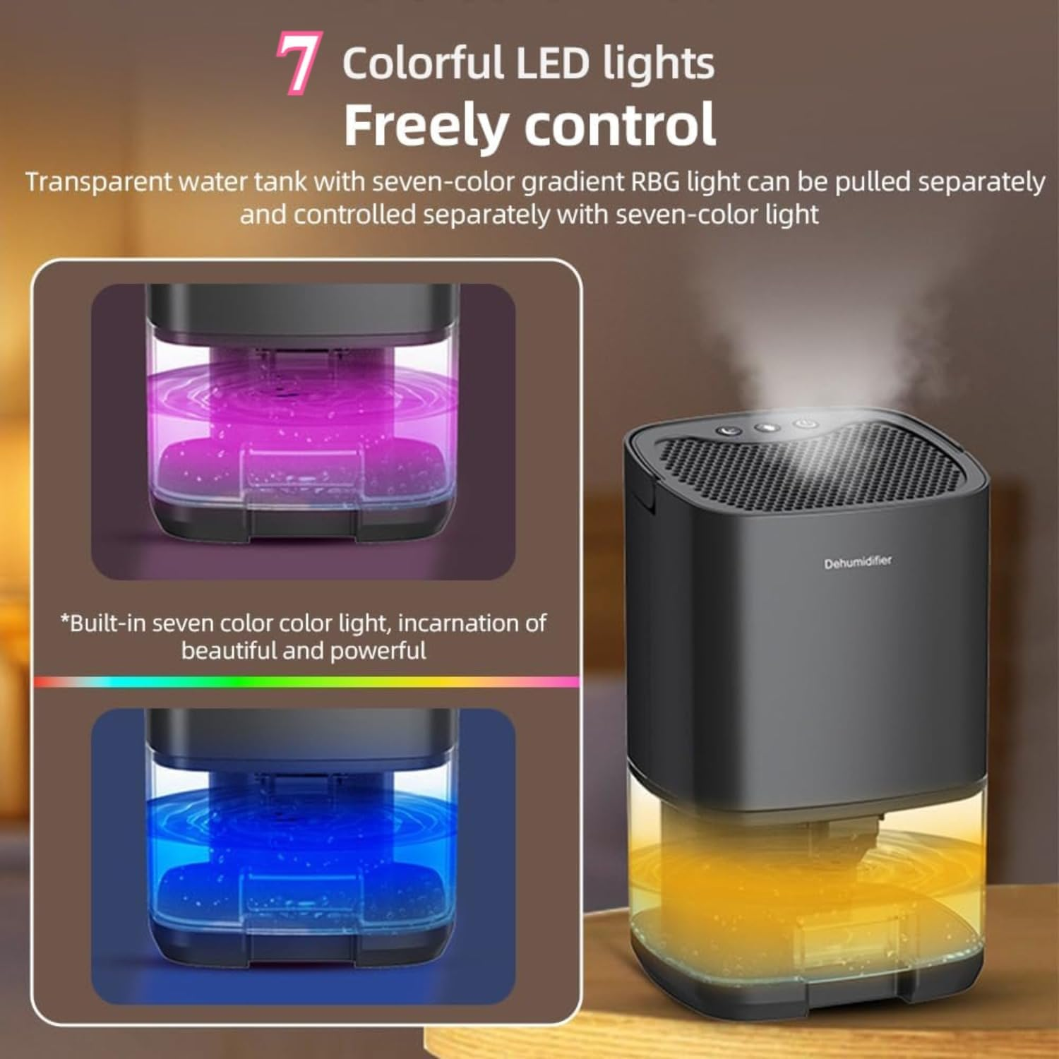 Compact Mini Dehumidifier for Home, 2L Small Dehumidifiers with 7 LED Lights, Two Working Modes, Auto Shut-Off, Perfect for Bedroom, Bathroom, Closet, Basement (Black(Au PLUG)) image number 4