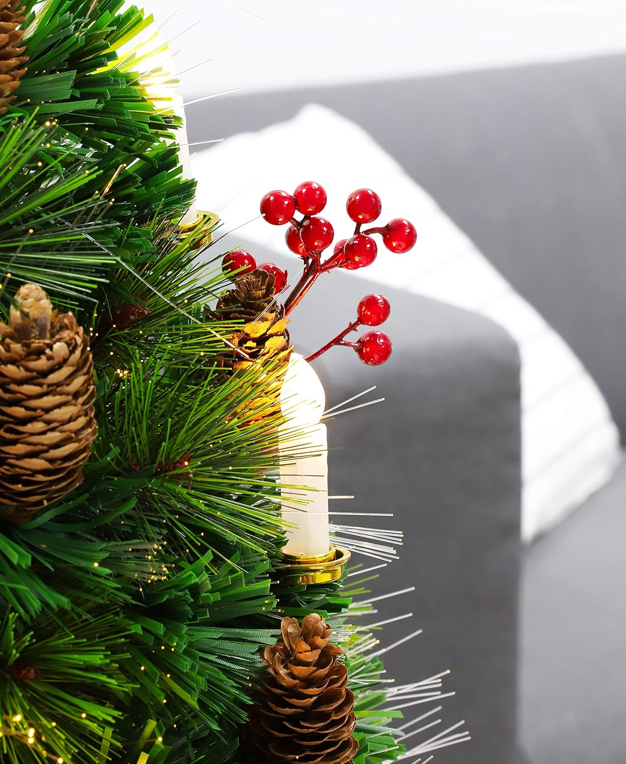 Christmas Concepts&reg; 2Ft (60Cm) Green Fibre Optic Pine Christmas Tree with Cones, Red Berries and LED Candles
